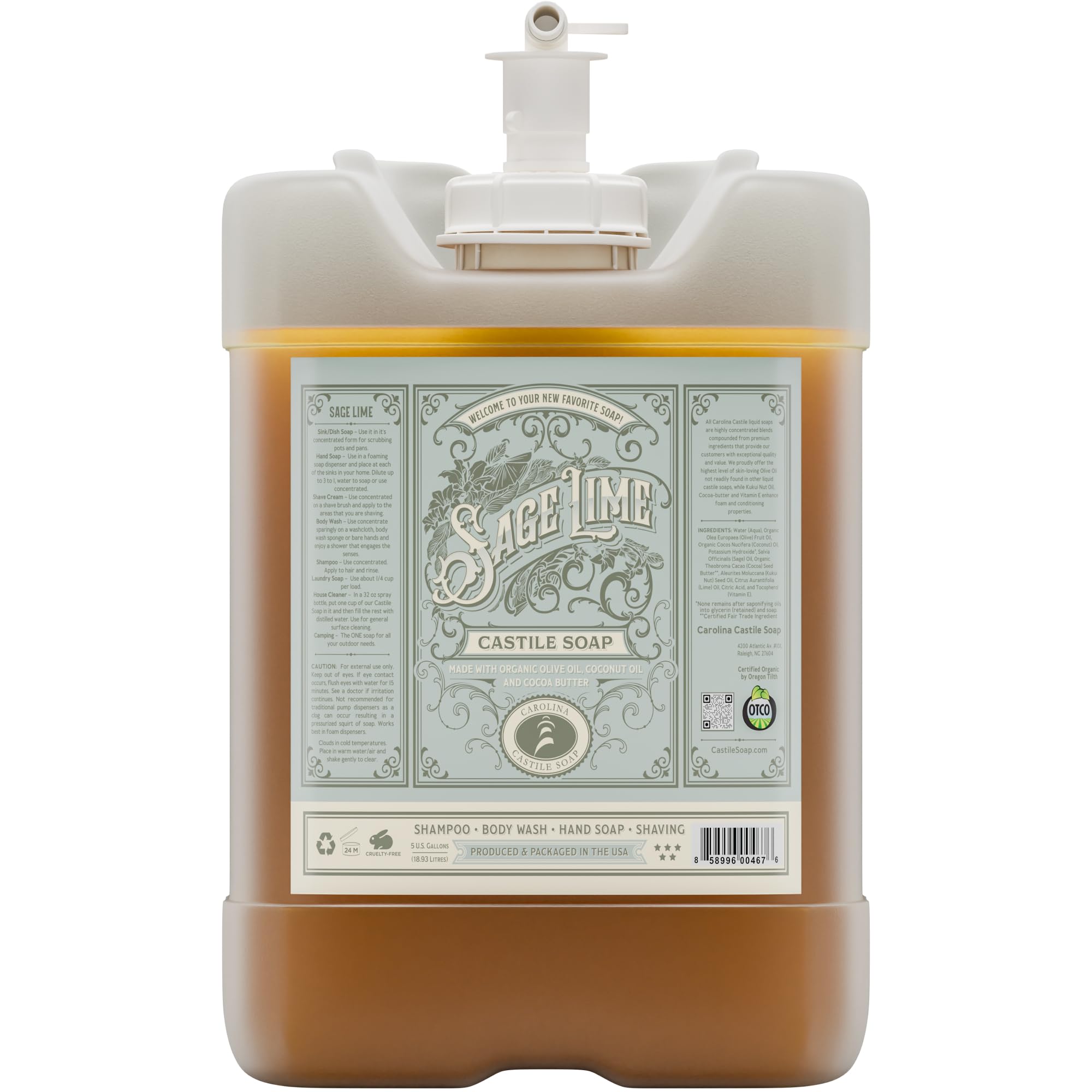 Organic Carolina Sage Lime Bulk Castile Liquid Soap - EWG Verified 5 Gallon Body Wash with High Olive Oil Content - Perfect for Home, Spa, and Eco-Friendly Cleaning