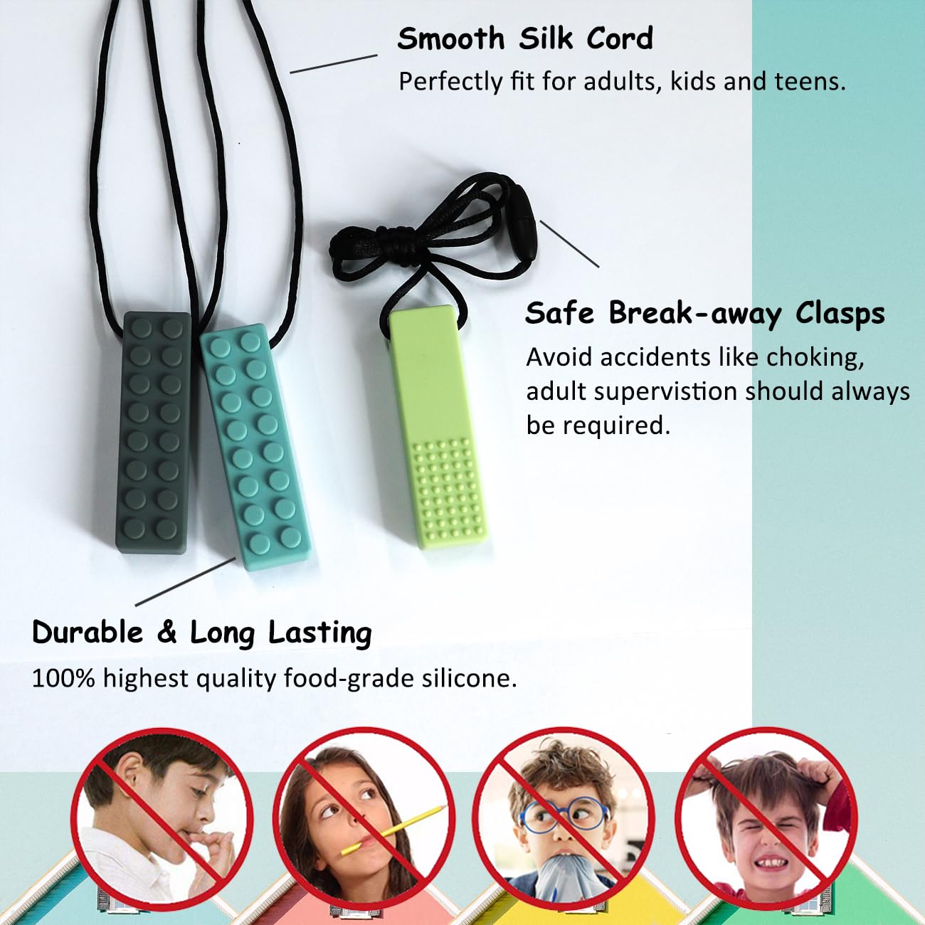 7 Pack Silicone Chew Necklaces for Kids & Adults - Sensory Toys for Autism, ADHD, Anxiety Relief - BPA-Free Chewable Necklace for Biting, Fidgeting & Stress Relief - Perfect for School, Travel & Sensory Therapy