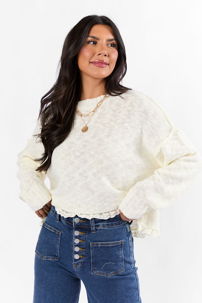 Stylish Harp On It Cream Lace Hem Crew Neck Sweater for Women | Soft Knit Pullover | Perfect for Office, Date Night & Casual Outfits