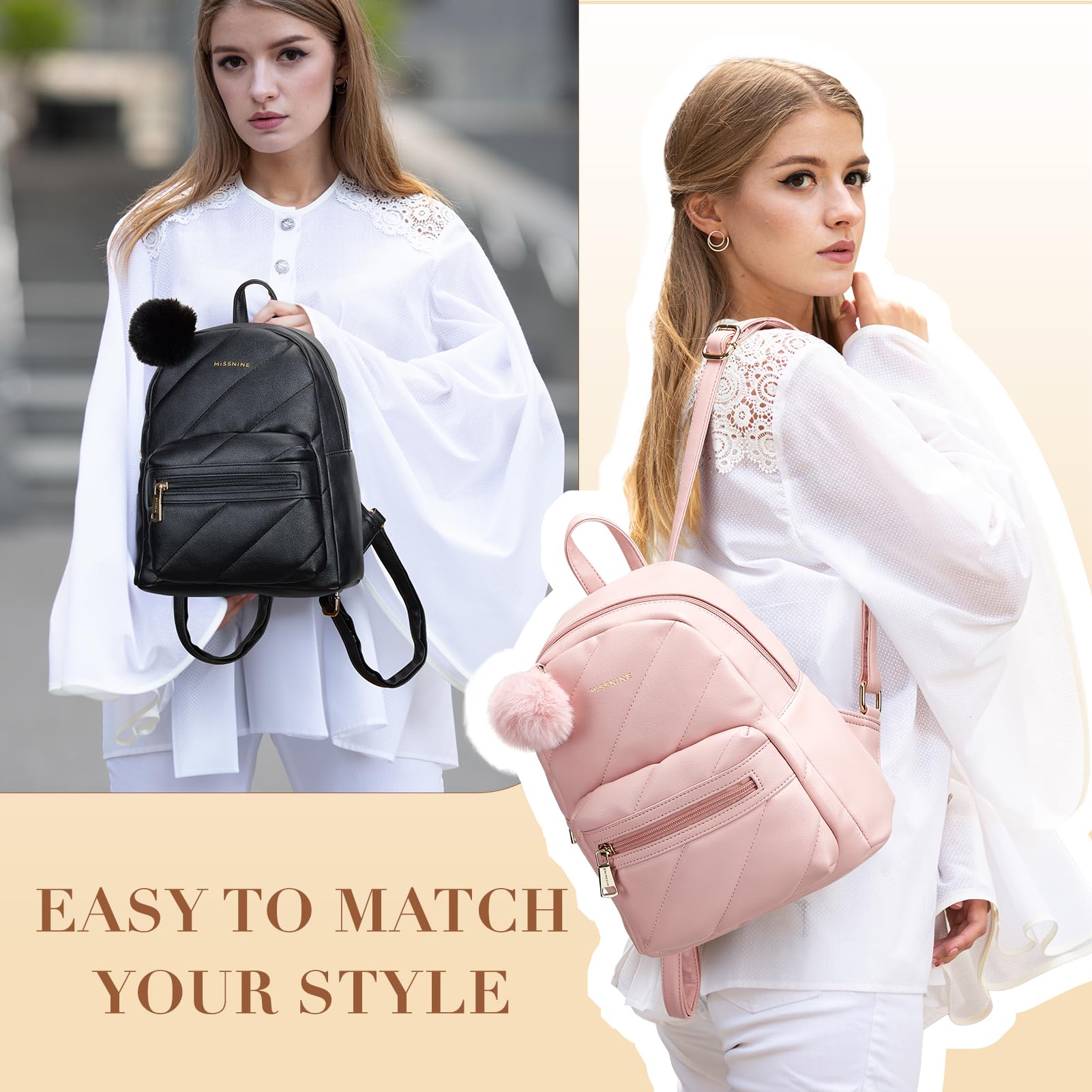 Missnine Mini Backpack for Women - Small PU Leather Quilted Backpack Purse with Cute Pompom, Fashionable Bookbag for Ladies | Perfect for School, Travel, Shopping & Daily Use