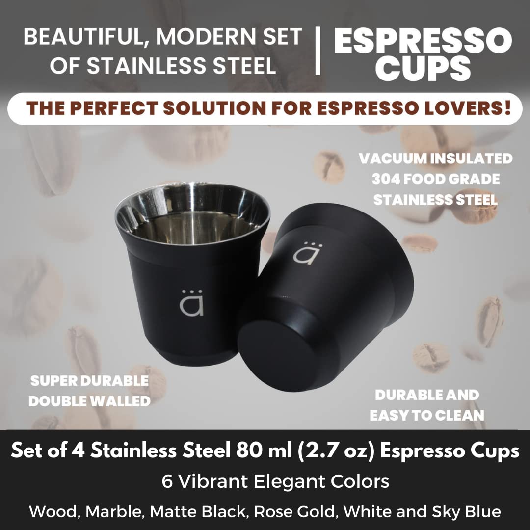 Kalmateh 2.7oz (80ml) Heat Resistant Double Wall Insulated Stainless Steel Espresso Coffee Cups - Set of 4, Marble Design - Perfect for Home, Office & Coffee Shops