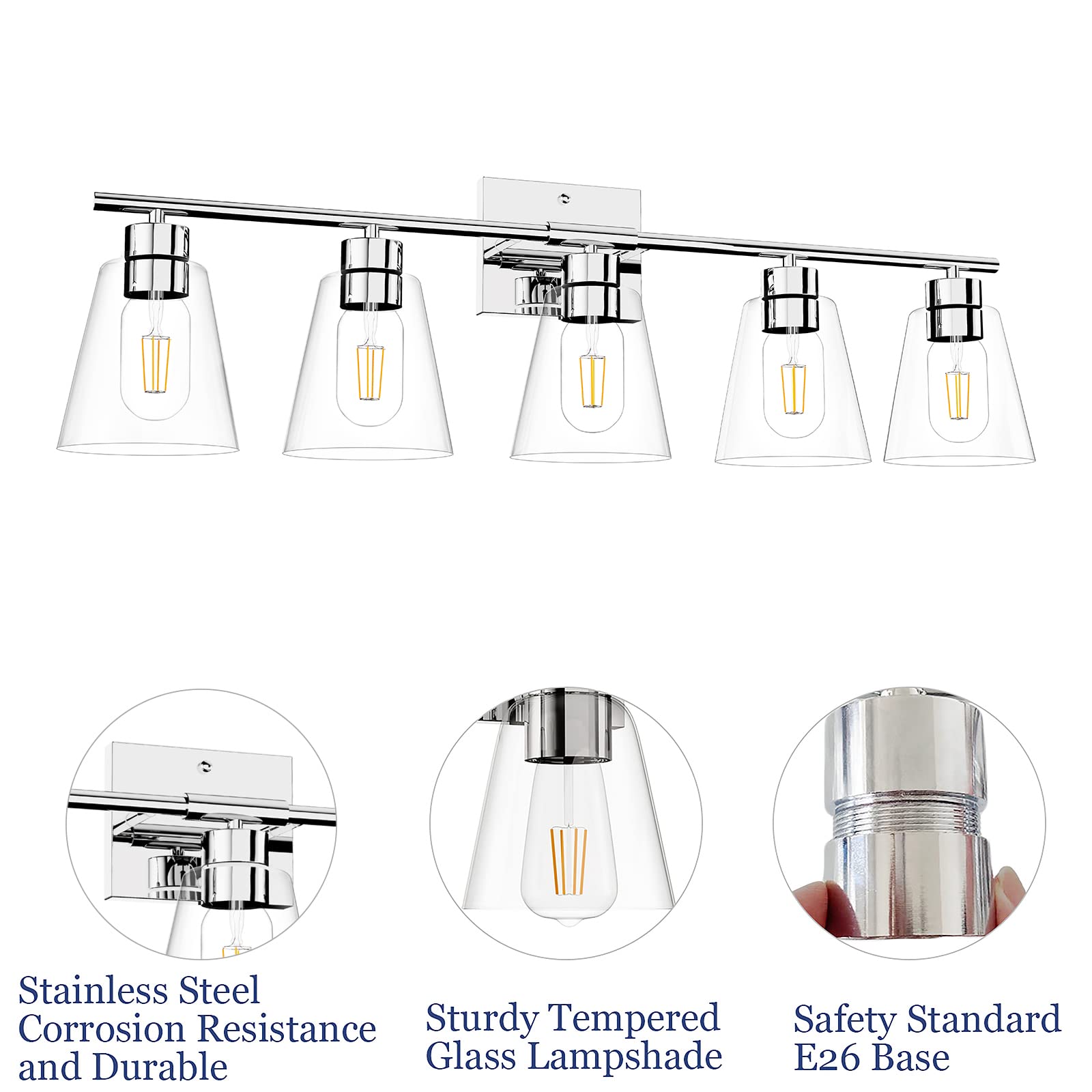 Cloud Fire 5-Light Bathroom Vanity Fixture - Chrome Finish with Clear Glass Shade, E26 Bulb Compatible - Perfect for Bathroom Mirror Lighting, Bedroom Wall Sconce & Farmhouse Hallway Decor