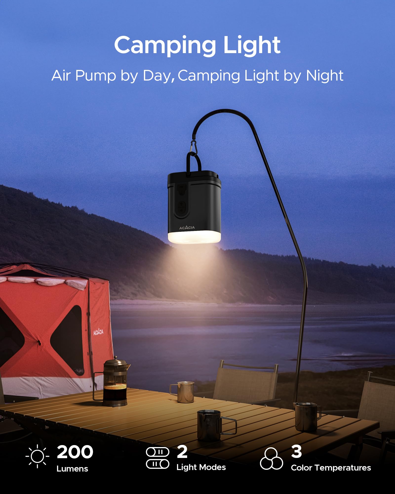ACACIA Portable Electric Air Pump for Sleeping Pads & Air Mattresses - 4000mAh Rechargeable Battery, Built-in Camping Light with 5 Nozzles (4.8kPa) - Perfect for Camping, Hiking, Pool Floats, Inflatable Beds & Outdoor Adventures