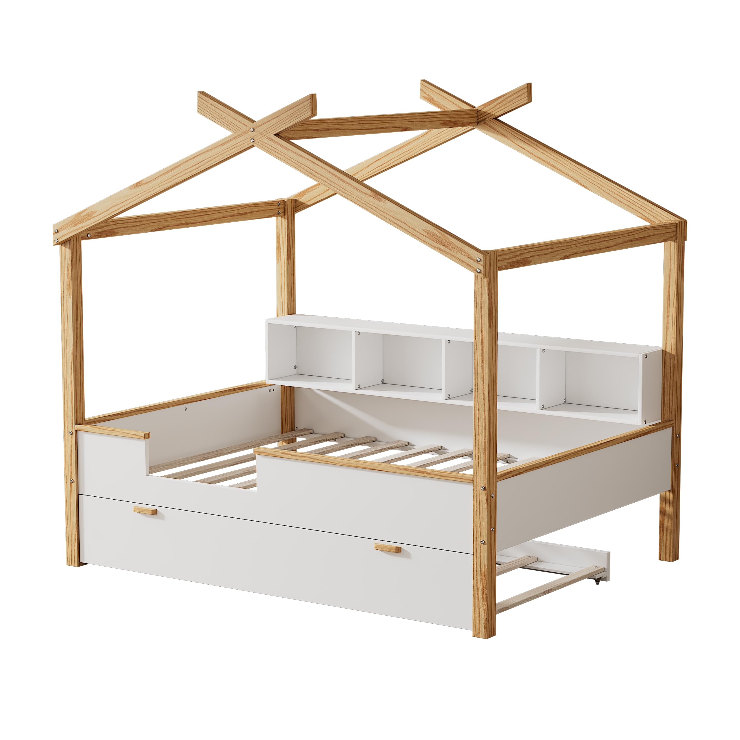 Natural Wood Kids Trundle Bed with Bookshelf - Montessori Toddler House Bed for Boys & Girls, Full Size White Children's Bed - Perfect for Small Bedrooms, Playrooms & Montessori Learning Spaces