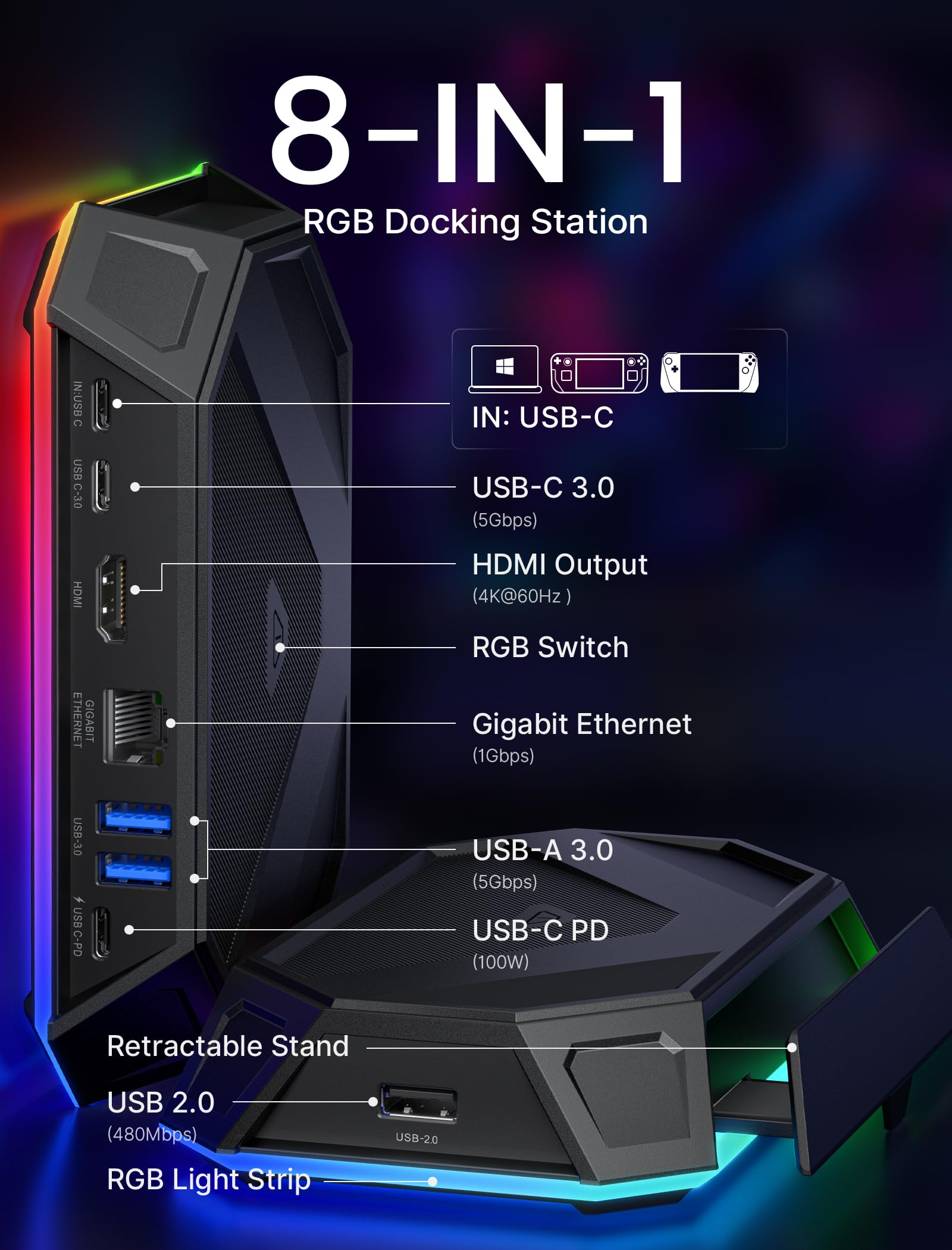 JSAUX 8-in-1 RGB Gaming Docking Station for Steam Deck OLED/ROG Ally/Legion Go - 4K@60Hz HDMI, Gigabit Ethernet, USB-C 3.0, Dual USB-A 3.0, USB 2.0, 100W PD Charging - HB0801 (Black) | Perfect for Home Gaming Setup & Portable Entertainment