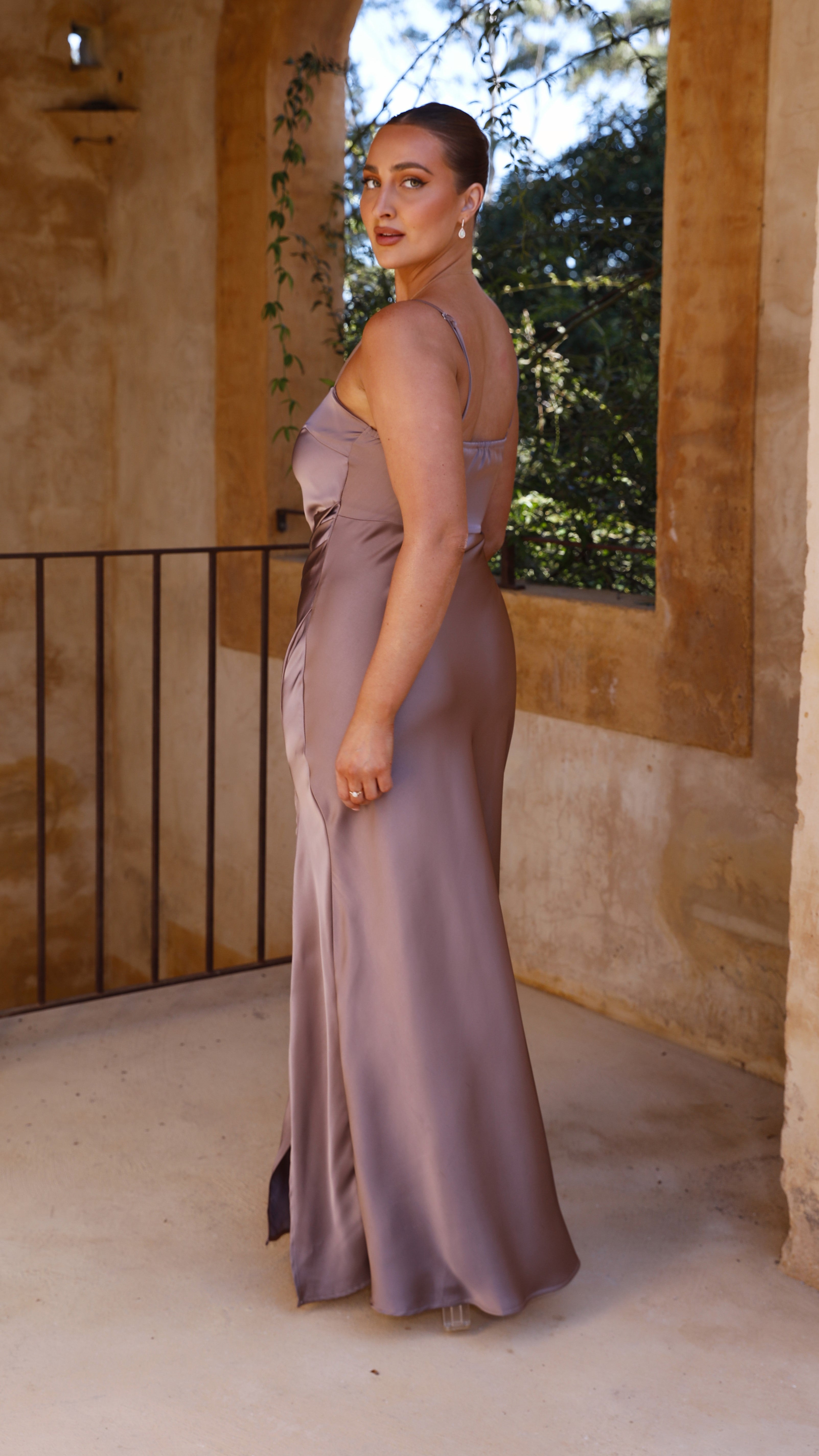 Ilana Maxi Dress for Women - Elegant Flowy Mushroom Color Long Dress for Summer, Beach, and Casual Wear
