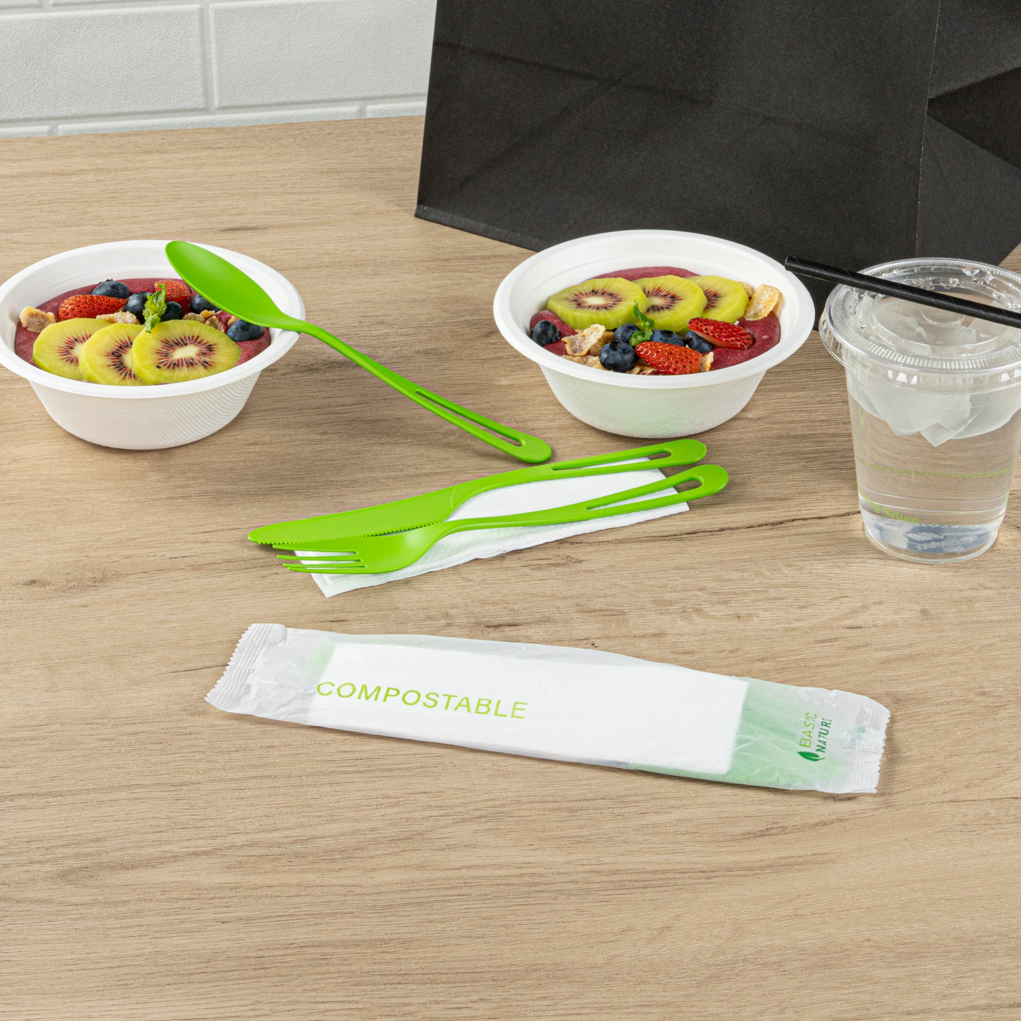 Eco-Friendly Compostable CPLA Plastic Cutlery Set - 100-Piece Heat Resistant Utensils with Biodegradable Wrapper & White Napkins | Perfect for Picnics, Parties & Sustainable Dining
