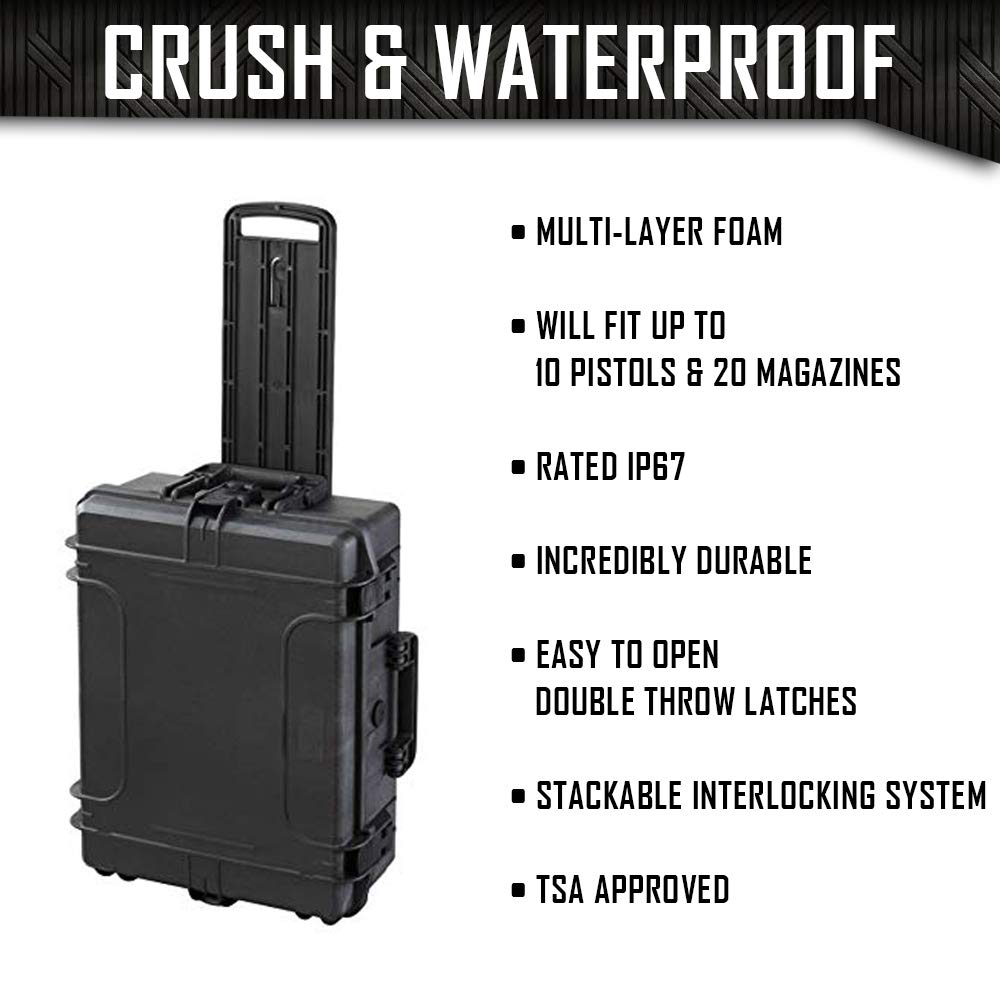 DORO 10 Pistol 20 Magazine Wheeled Hard Case with Custom Foam Insert - Waterproof Heavy Duty Tactical Gun Case for Firearms & Ammo Storage (21 x 15.87 x 7.25 Inch, Black) - Perfect for Range Transport, Air Travel & Secure Home Storage