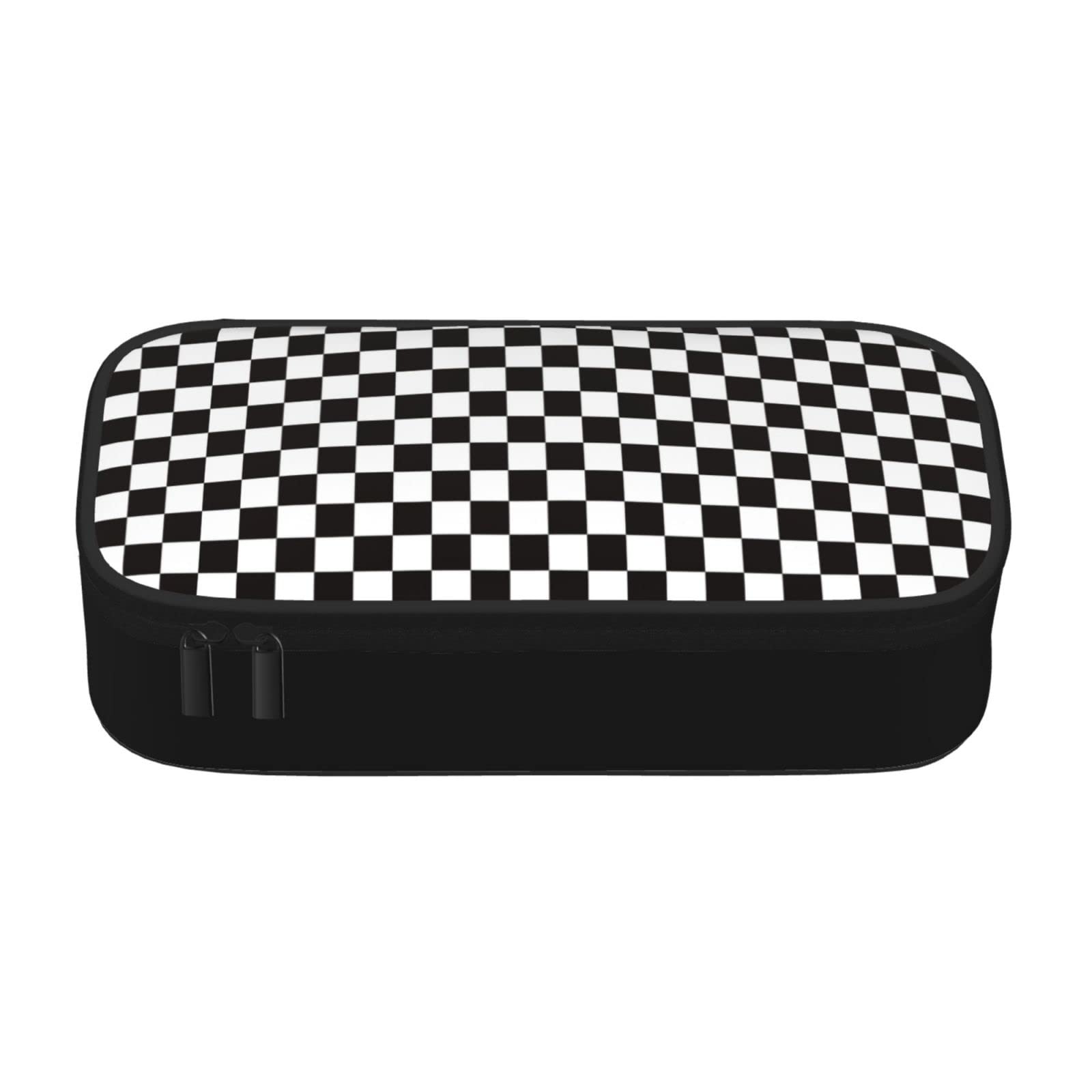 Black & White Grid Large-Capacity Pencil Case - Double Zipper Cosmetic Organizer for Women | Perfect for School, Office & Travel Storage | Multi-Functional Desk Organizer & Makeup Bag