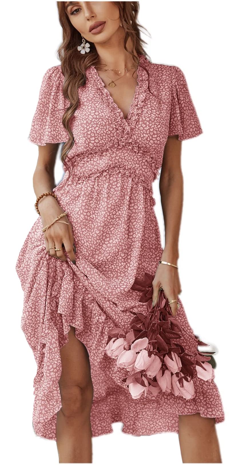 GOLDSTITCH Women's Summer 2025 Casual Maxi Dress - Deep V Neck Ruffle Floral Print Long Dress for Beach, Vacation & Outdoor Parties | Lightweight Comfortable Boho Style