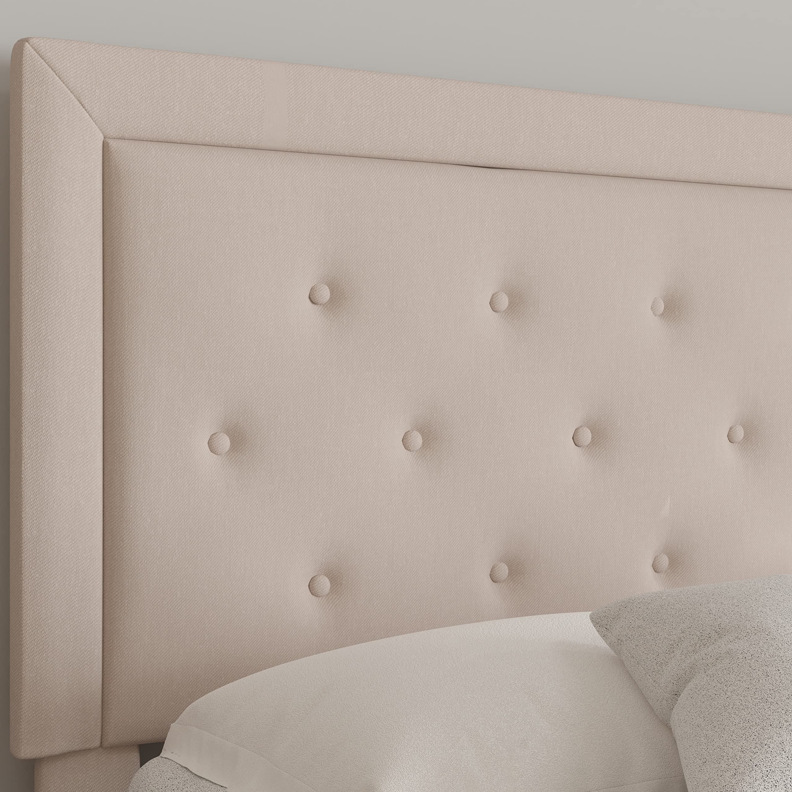 Merrick Lane Mallory Queen Size Upholstered Platform Bed with Tufted Headboard - Beige Fabric Bed Frame for Modern Bedroom Decor