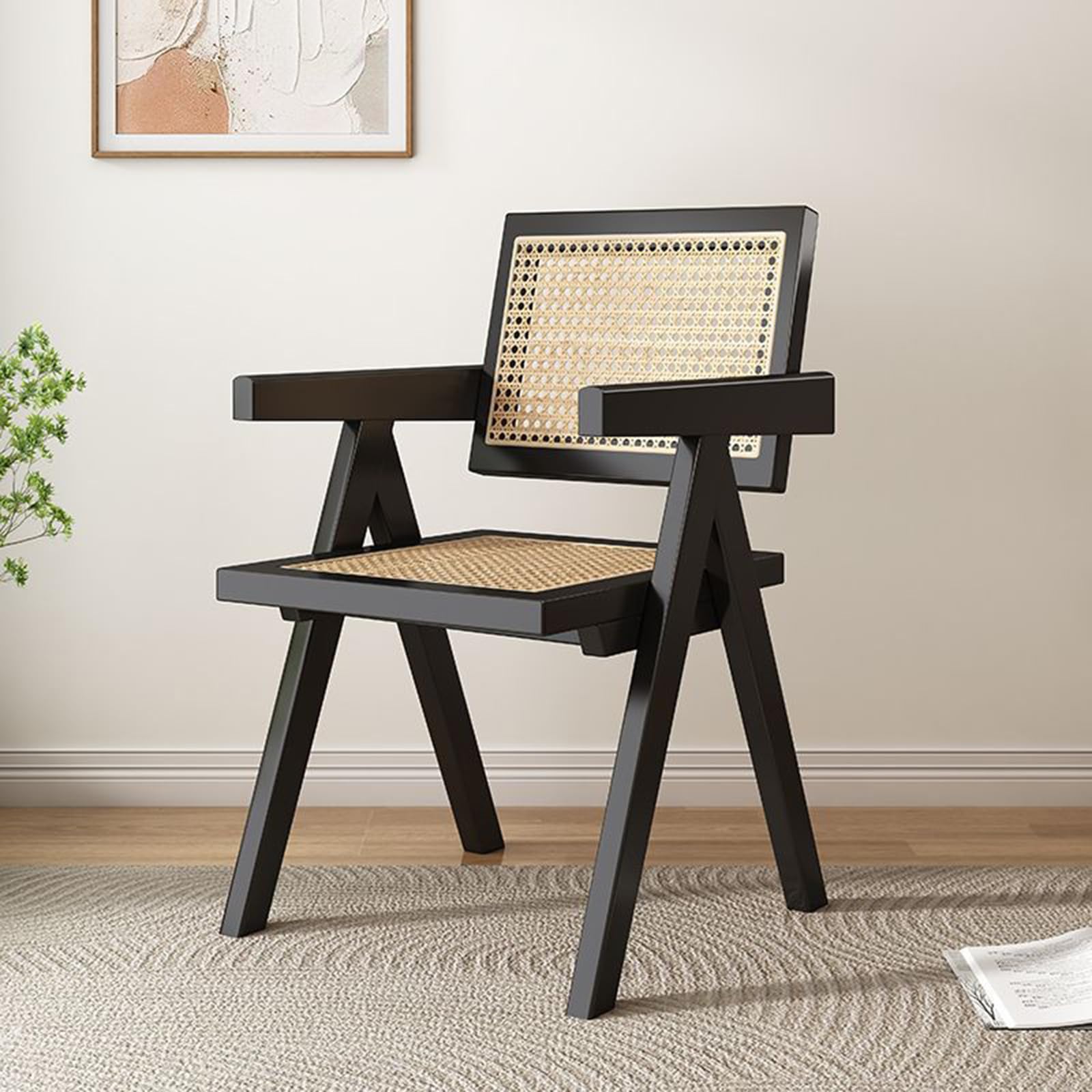 Rattan Dining Chair - Wooden Kitchen Cane Armchair with Woven Backrest & Seat - Comfortable for Living Room, Bedroom, Restaurant - Perfect for Indoor Dining, Home Decor & Entertaining (Black)