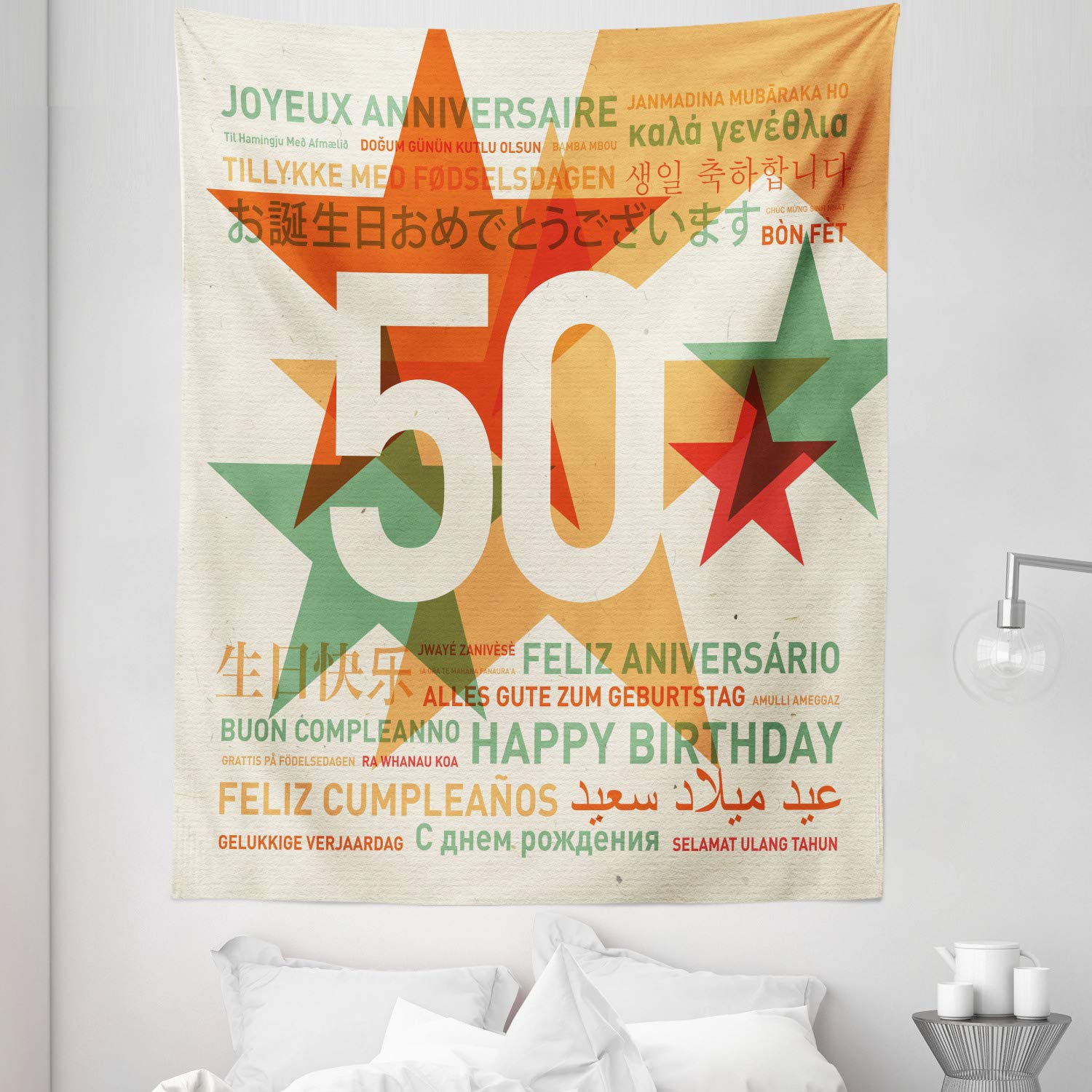 Ambesonne 50th Birthday Tapestry - Twin Size Retro Wall Hanging with Multilingual 'Happy Birthday' & Stars Print - 68