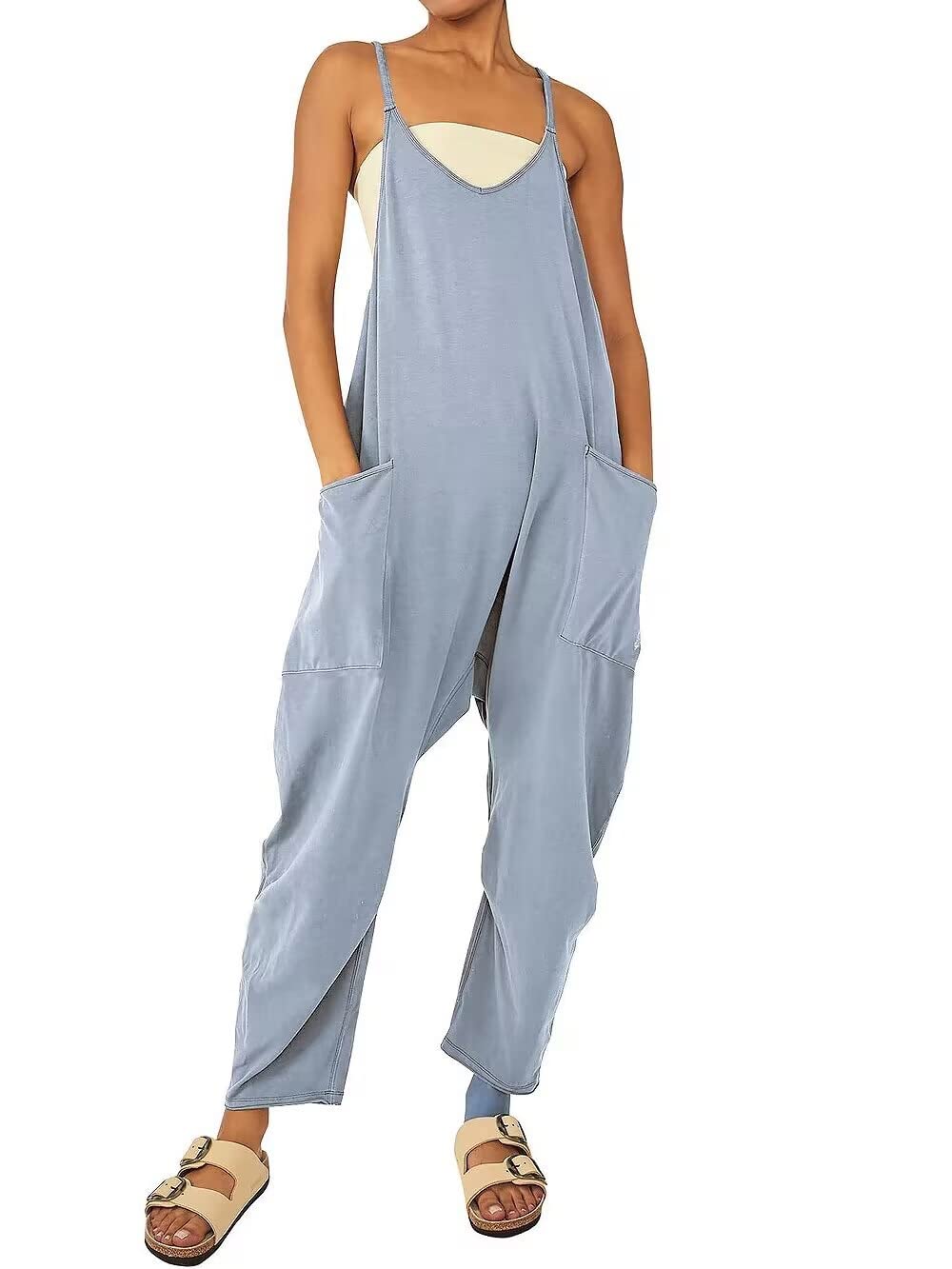 Women's Casual Jumpsuit Dungarees - Summer Sleeveless Overalls with Wide Leg & Large Pockets | Work Trousers & Leisure One-Piece Outfit for Outdoor Activities, Gardening, and Weekend Wear