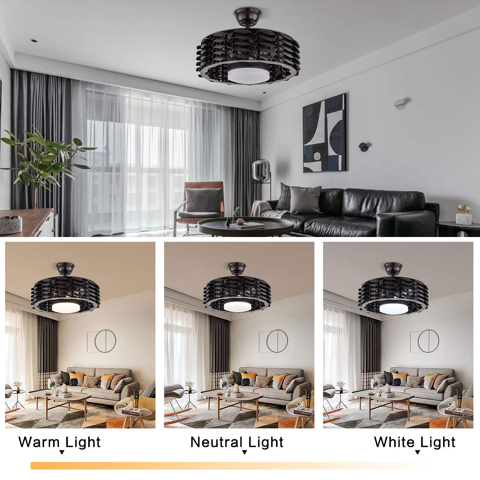 Bladeless Ceiling Fan with LED Light - Remote Control, 3 Color Changing & 3 Speed Settings - 22 Inch Modern Chandelier Style for Bedroom, Living Room, Kitchen (Coffee Black) - Perfect for Energy-Efficient Cooling and Ambient Lighting