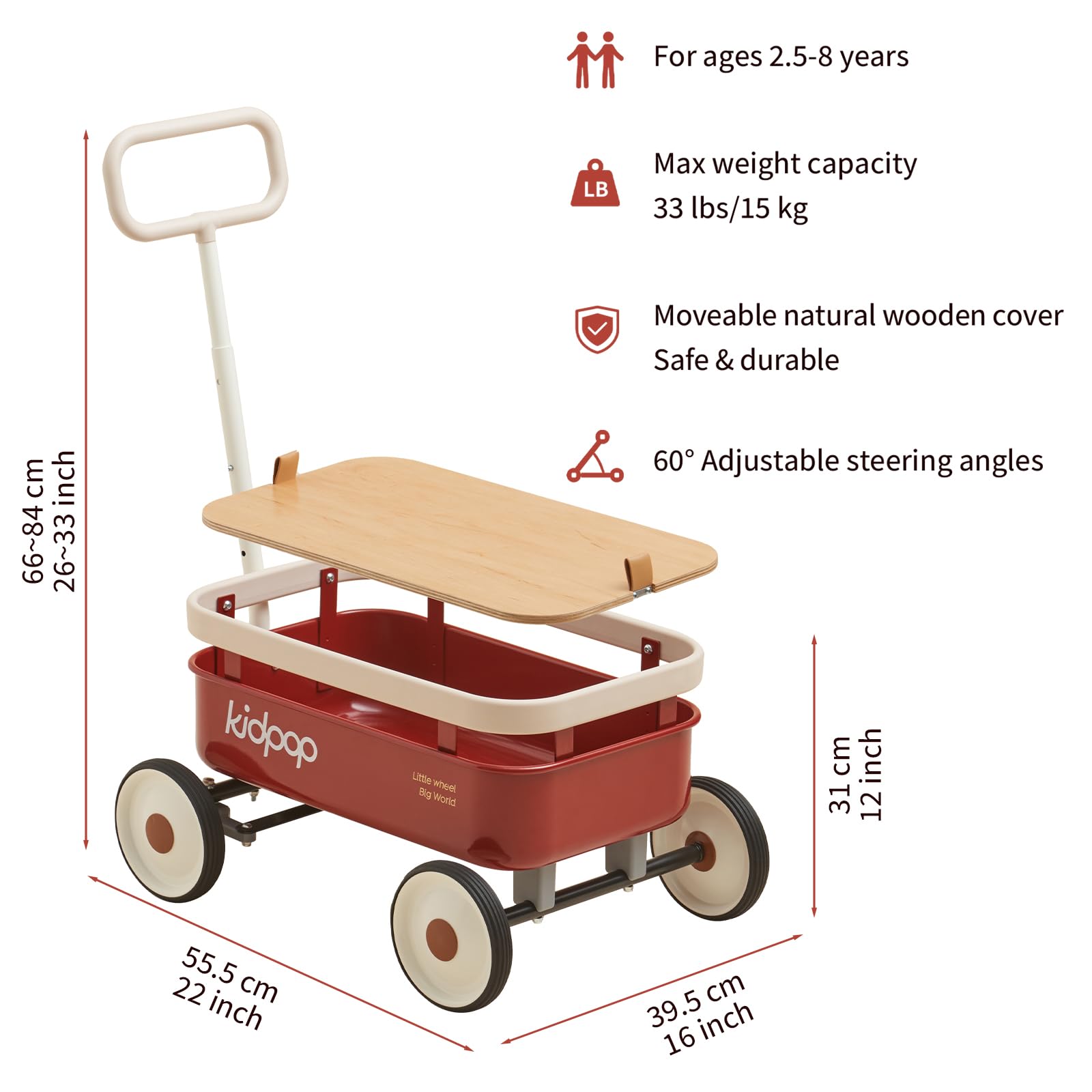 PULA-Wild 3-in-1 Kids Pull Along Wagon & Push Walker Toy for Toddlers Age 2.5-8 Years | Adjustable Handle & Removable Wooden Cover | 33 lbs Weight Capacity | Perfect Birthday Gift for Boys & Girls | Indoor & Outdoor Play, Park Trips, Beach Days (Red)