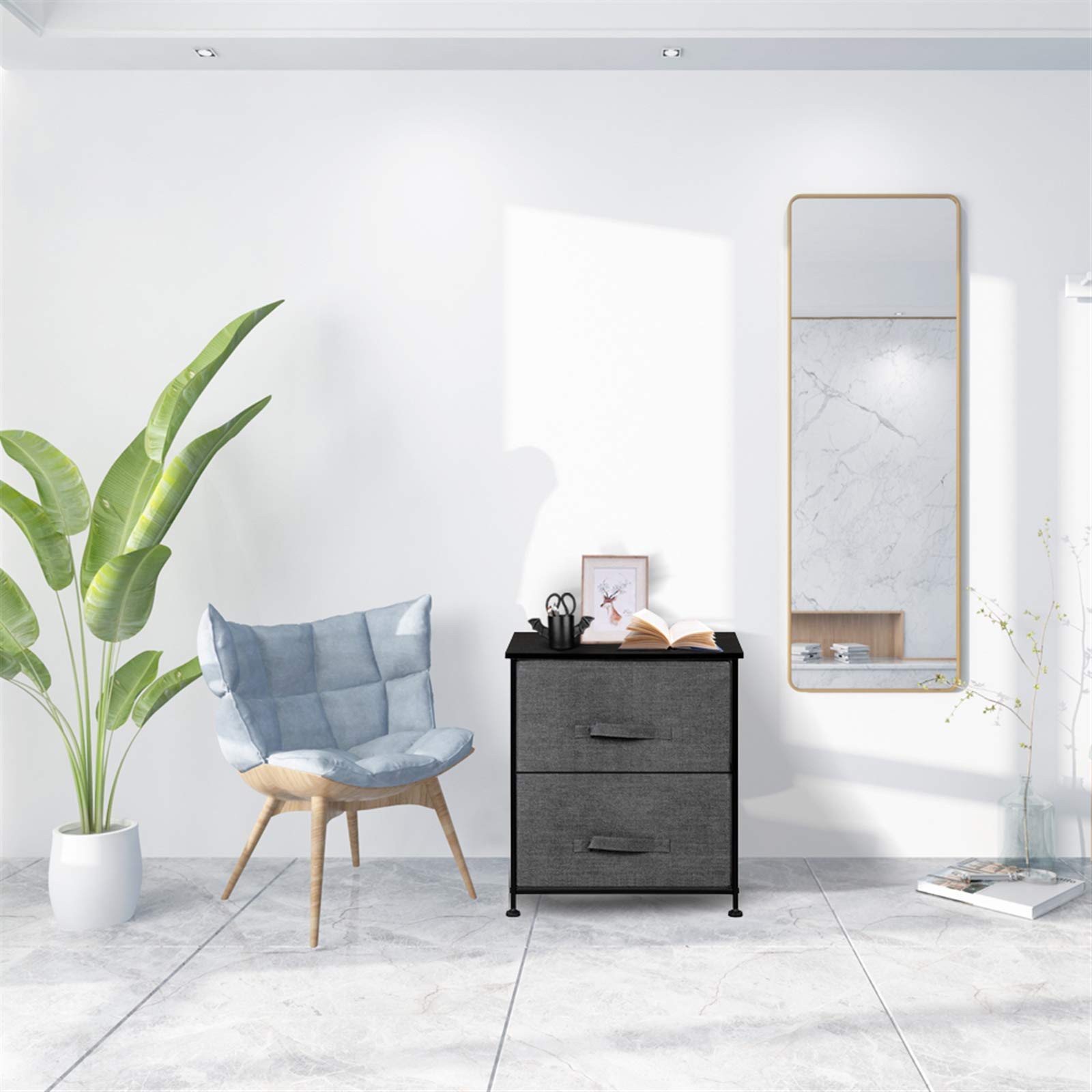 Modern Nightstand with 2 Drawers & Fabric Bins - Steel Frame & Wood Top End Table - Bedroom Storage Organizer for Clothes, Books & Essentials - Perfect for Bedside, Hallway or Entryway (Grey)