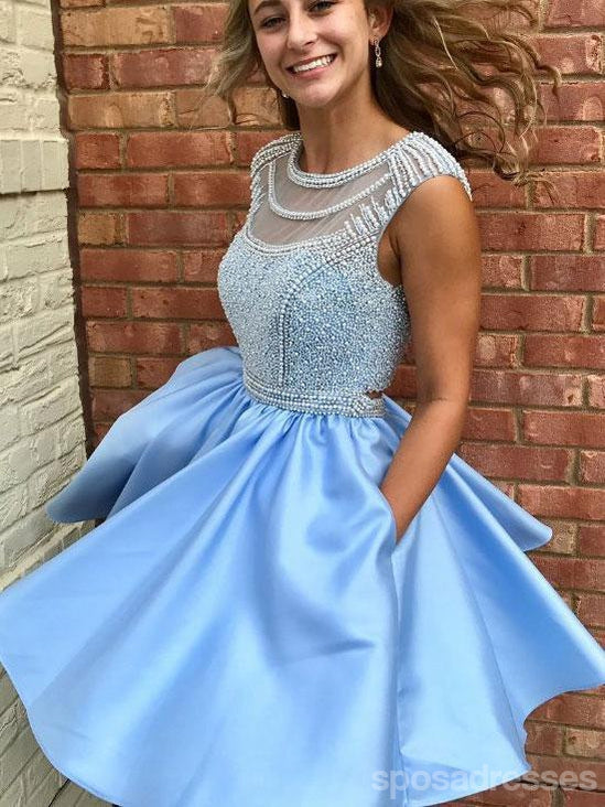 Elegant Open Back Blue Cap Sleeve Beaded Bateau Neckline Homecoming Dress - Perfect for Prom, Party & Special Occasions - CM472