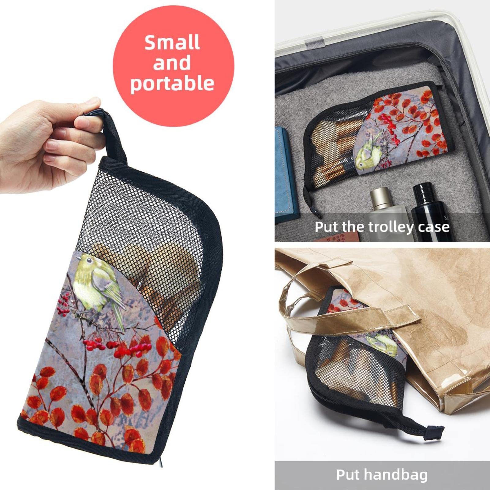 Watercolor Red Tree Leaves Bird Makeup Brush Organizer Bag with 12 Brushes - Portable Travel Makeup Brush Holder Case for Professional Artists & Beauty Enthusiasts (Perfect for Home, Travel & Salon Use)