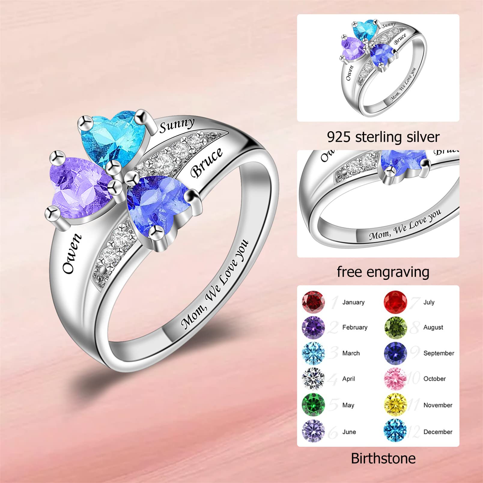Custom Mothers Ring with 3 Birthstones - Sterling Silver Personalized Name Rings for Women | Vintage Heart Design Anniversary & Promise Rings | Engraved with 3 Names | Perfect Gift for Mother's Day, Birthday & Special Occasions