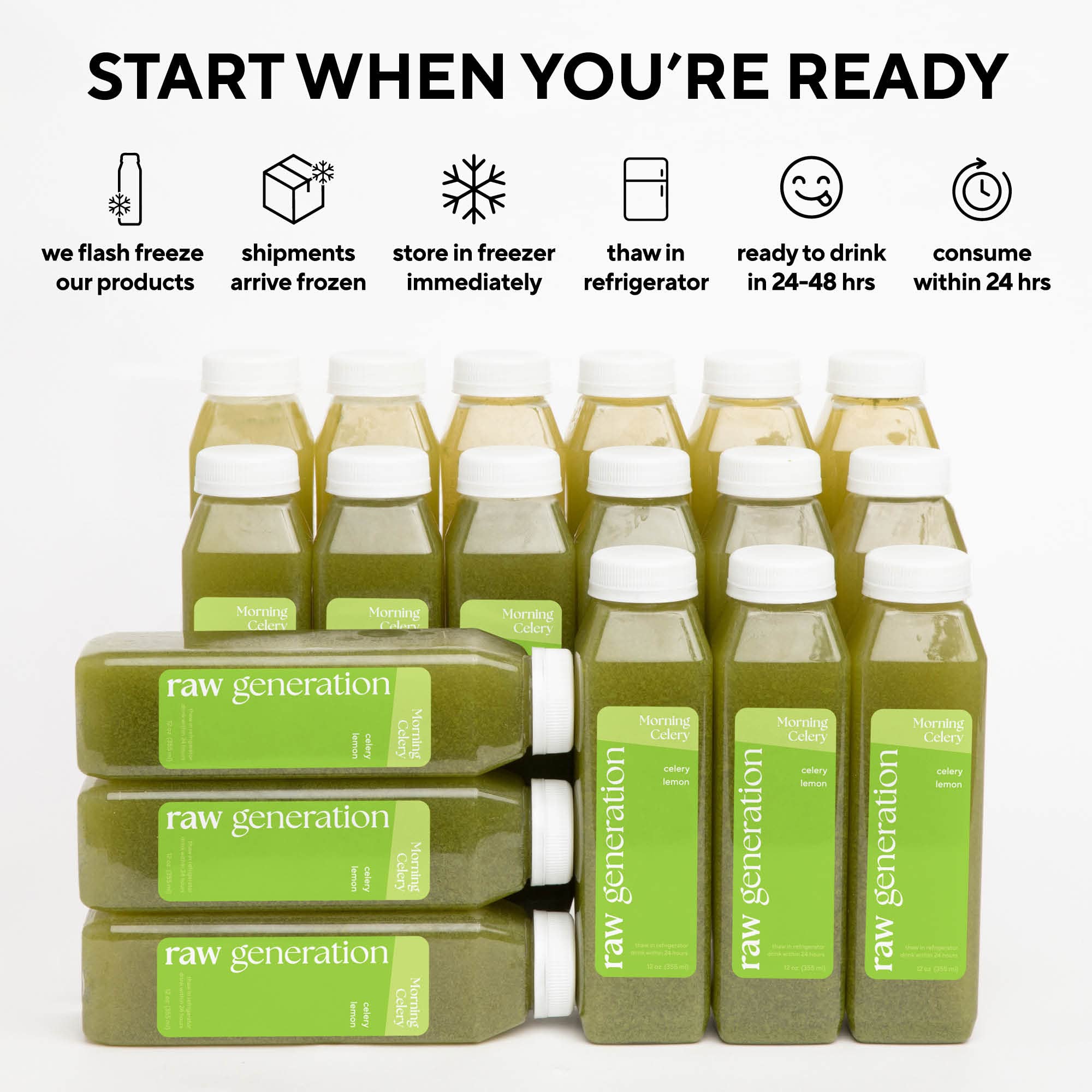 Raw Generation Morning Celery Juice - Cold-Pressed Daily Health Drink (18-Pack) with Lemon | Supports Gut Health, Boosts Energy | Best Taken Daily on Empty Stomach | Perfect for Detox, Weight Loss & Morning Routine