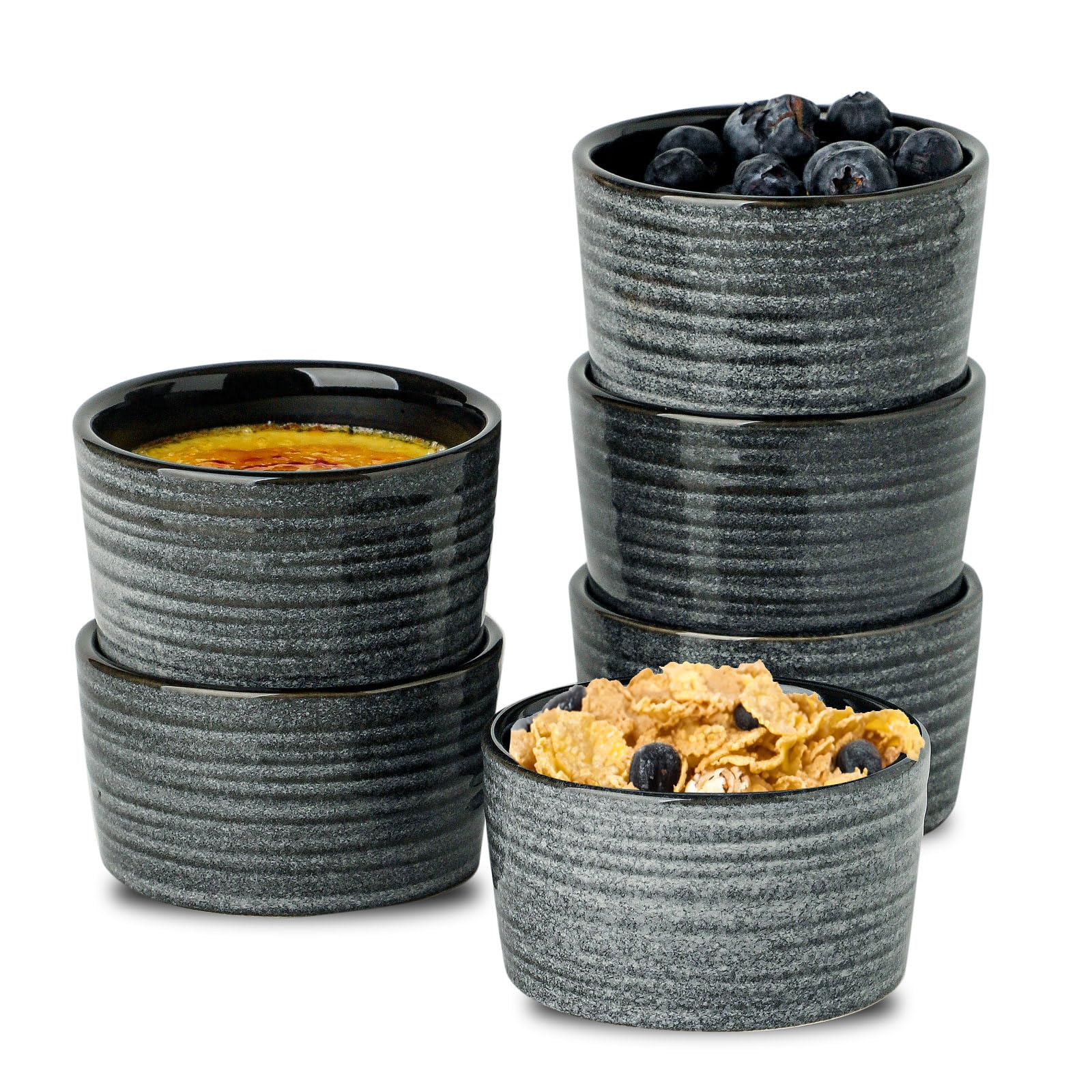 Hasense 6-Pack 4 oz Ceramic Ramekins - Oven Safe Porcelain Custard Cups for Baking Creme Brulee, Souffle, Pudding & Ice Cream | Perfect for Desserts, Dipping Sauces & Party Serving (Grey)