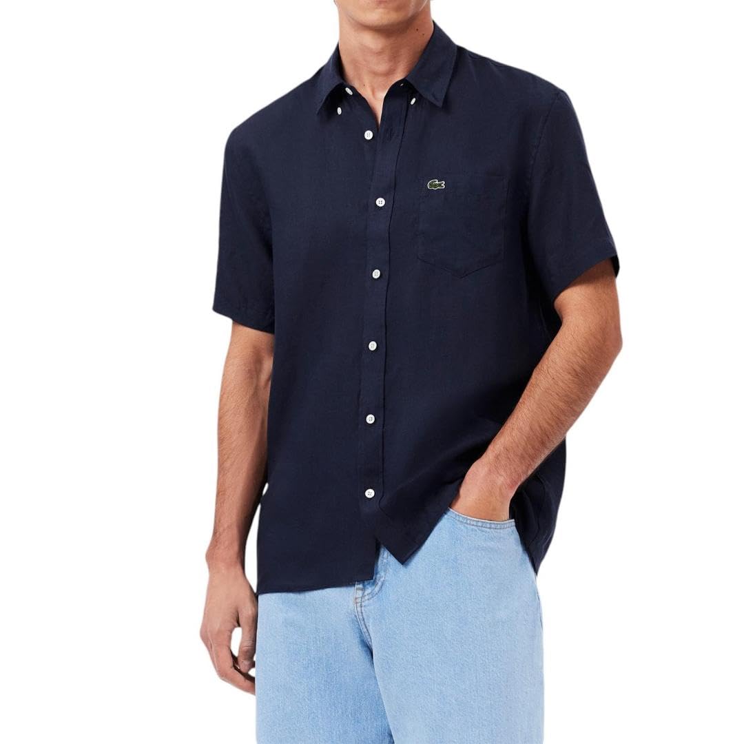 Lacoste Men's Short Sleeve Linen Button Down Shirt | Classic Regular Fit with Front Pocket | Casual Summer Wear, Office & Vacation Outfits