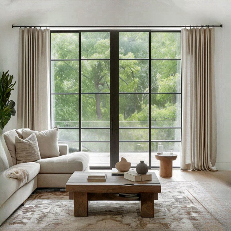 Pinch Pleated Blackout Curtains - Linen Memory Fabric, Natural Oak & Dim Grey - Modern Custom Drapes for Living Room & Bedroom - Light Blocking & Noise Reducing Window Treatments