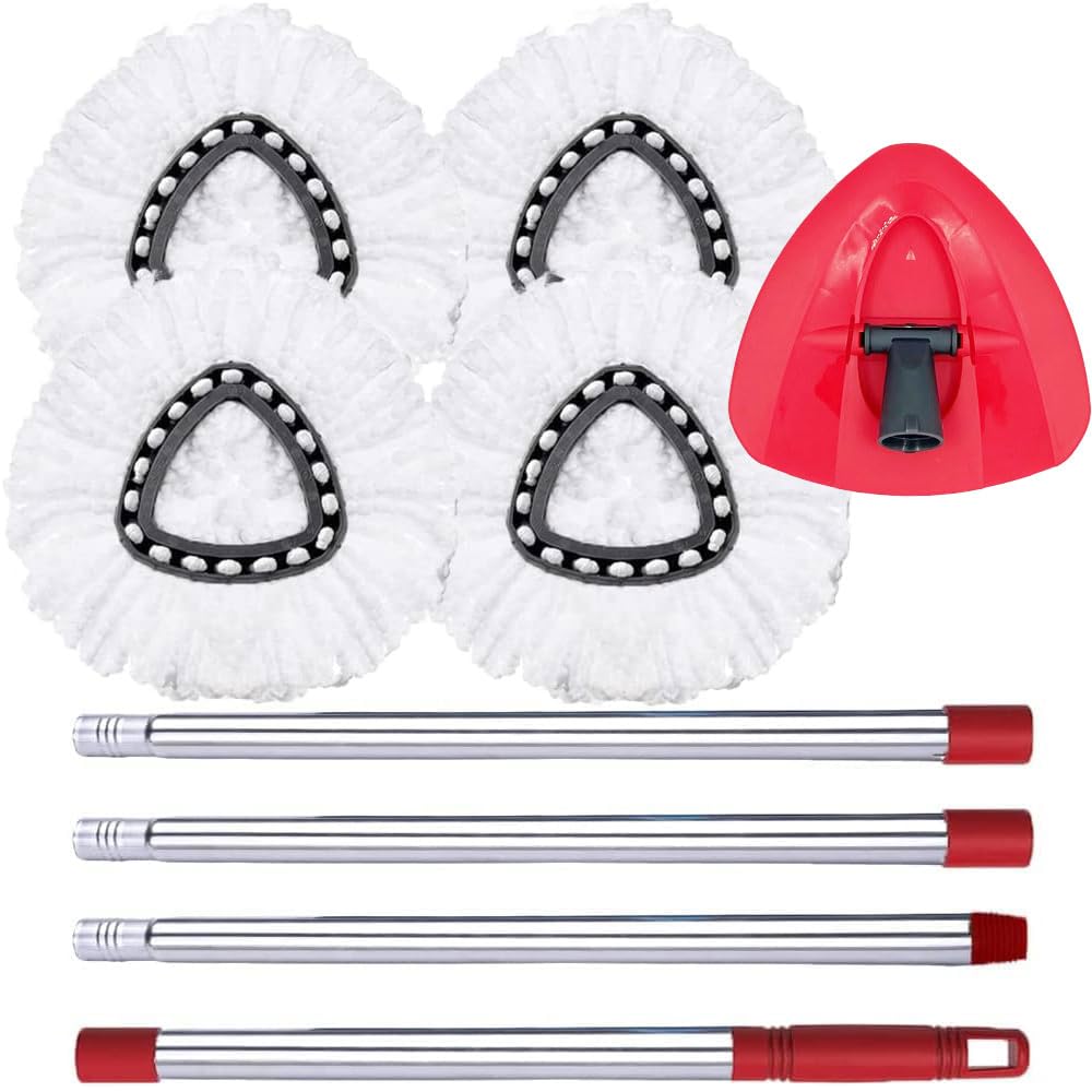 O Cedar EasyWring Spin Mop Replacement Set - 4 Microfiber Mop Heads, Adjustable 30-58 inch Handle & 1 Mop Base Combo (White 1-Tank System) - Perfect for Hardwood Floors, Tile & Kitchen Cleaning
