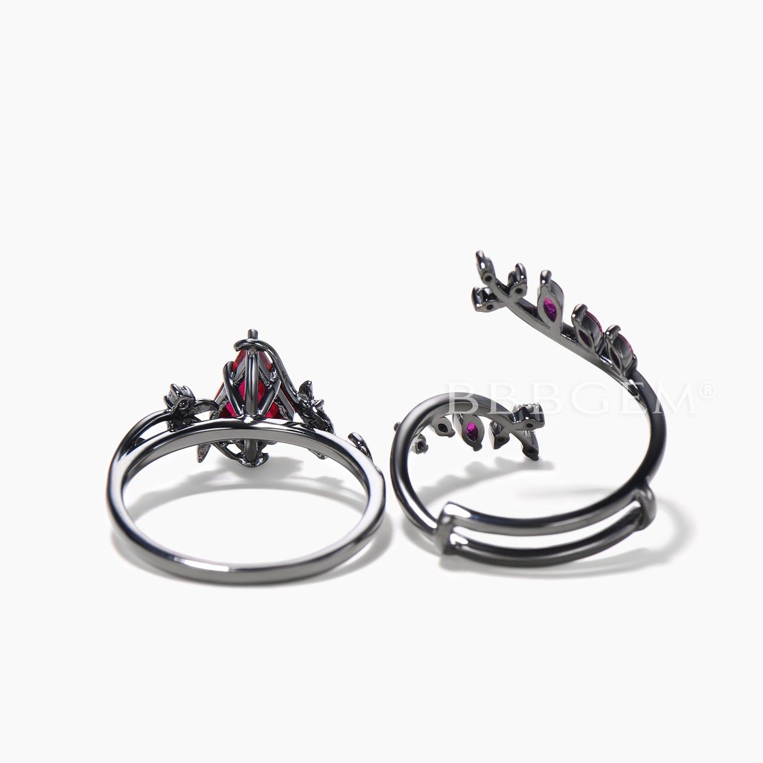 Exquisite Kite Cut Ruby Leaf Engagement Ring with Diamond Branch - Vintage Gothic Bridal Jewelry Set for Weddings, Anniversaries & Romantic Occasions
