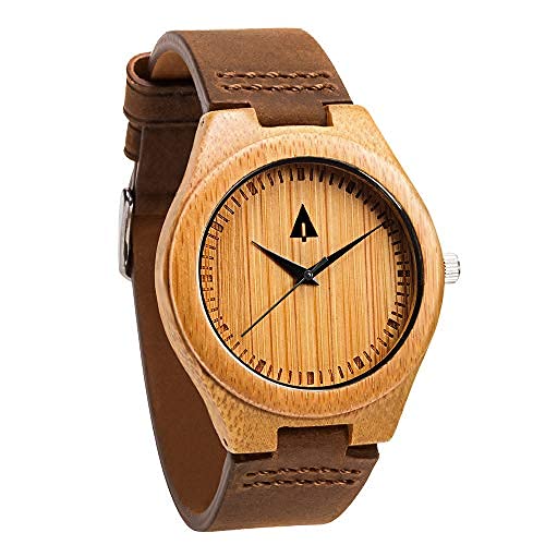 Treehut Men's Wooden Bamboo Watch with Japanese Quartz Movement - Stylish Exotic Wooden Wristwatch with Brown Leather Strap - Perfect for Casual, Business & Outdoor Activities