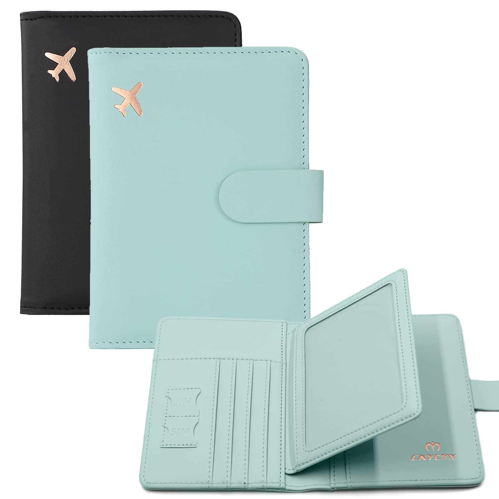 RFID Blocking Passport Holder with Vaccine Card Slot - Stylish Travel Wallet for Women & Men (Aqua Green + Black) - Perfect for Airports, Vacations & International Trips