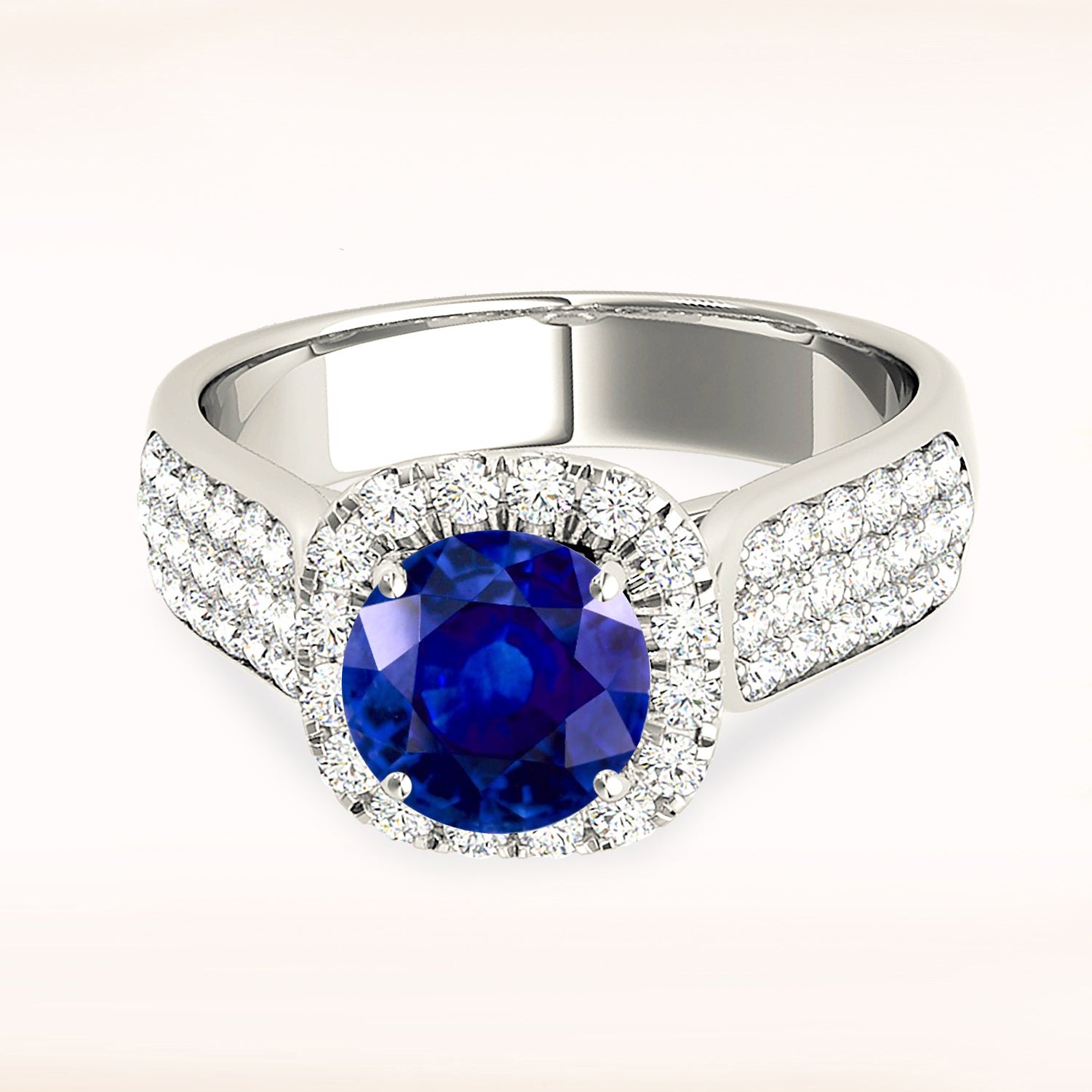 1.35 Carat Genuine Blue Round Sapphire Engagement Ring - Cushion Halo Setting for Women - Perfect for Weddings, Anniversaries & Special Occasions