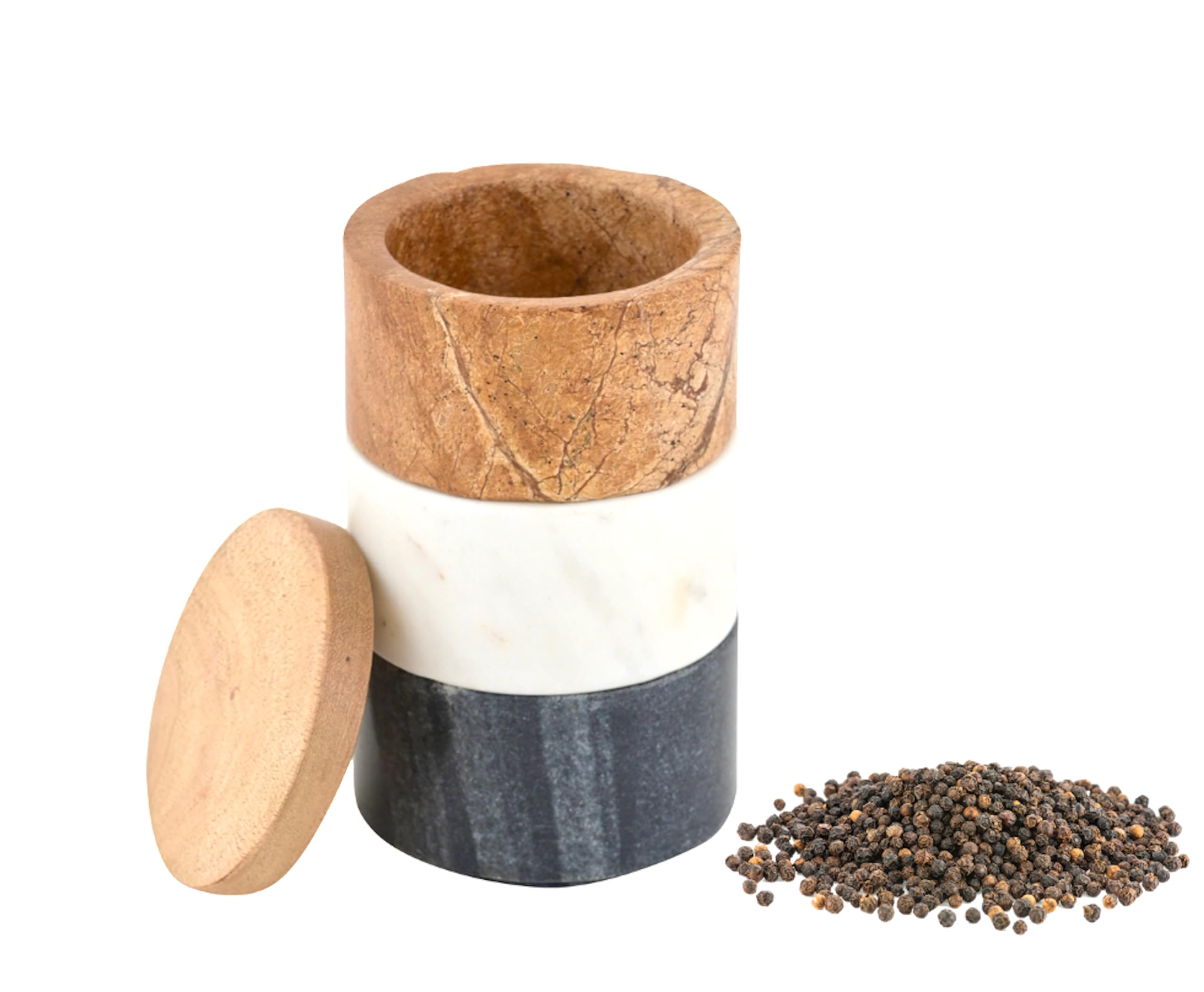 Premium Marble Salt Cellar Set with Wood Lid - 3-Piece Stackable Spice Containers (White, Gray, Forest Brown) for Gourmet Salts, Pepper & Seasonings | Perfect for Kitchen Countertop, Dining Table & Gift Giving
