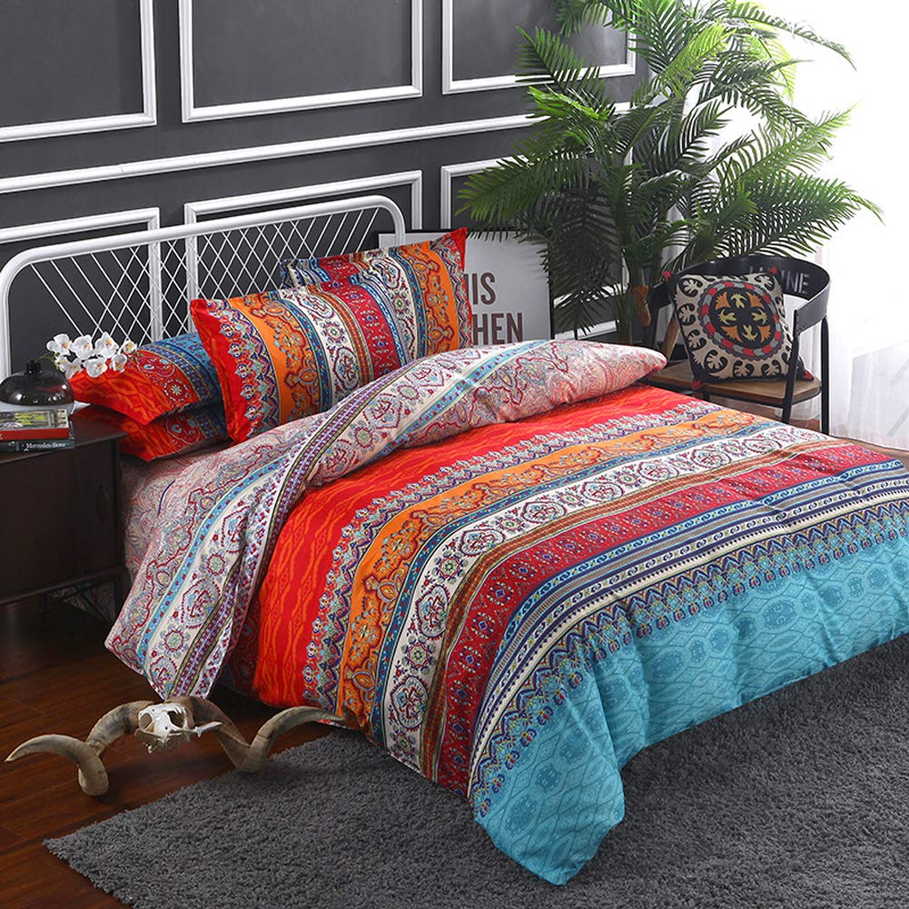 Bohemian Retro Duvet Cover Queen Size - Red Orange Blue Striped 3pc Microfiber Bedding Set with Zipper Closure | Soft, Durable & Easy Care | Perfect for Couples, Guest Rooms & Bohemian Style Bedrooms