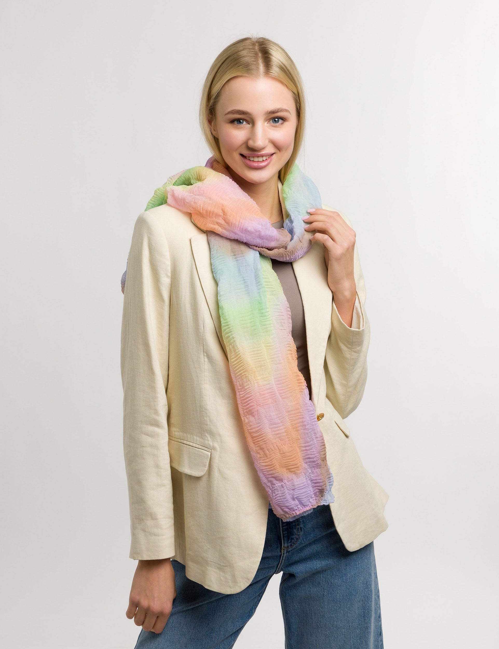Eco-Friendly Misty Color Plissé Scarf - Sustainable Fashion Accessory for Women, Soft Wrinkle Texture Wrap, Perfect for Office, Travel & Special Occasions