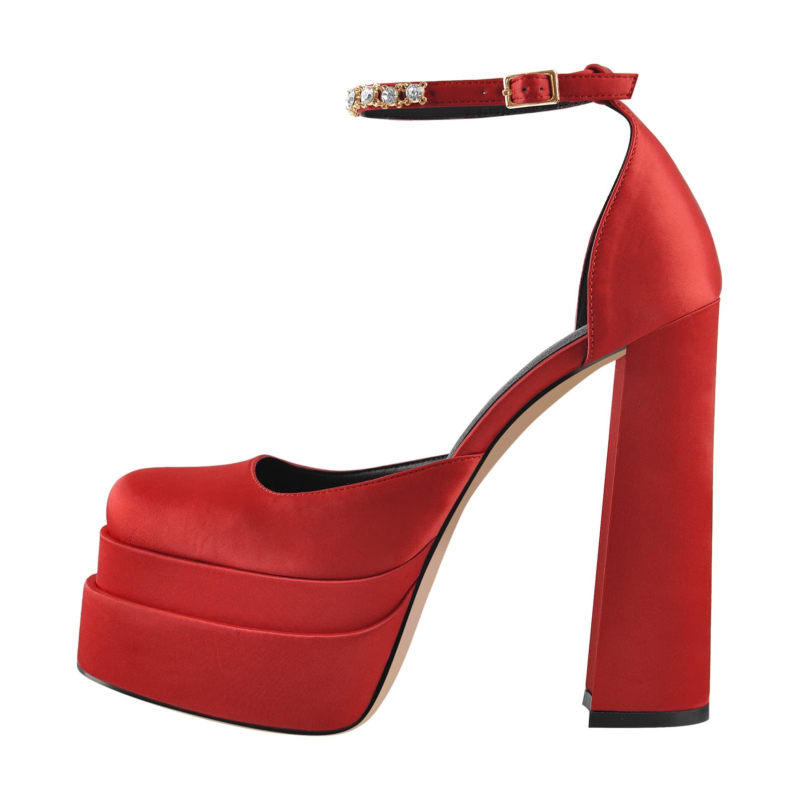 Women's Chunky Heel Platform Pumps - Square Toe Rhinestone Ankle Strap Satin Dress Shoes for Party, Wedding & Evening Events
