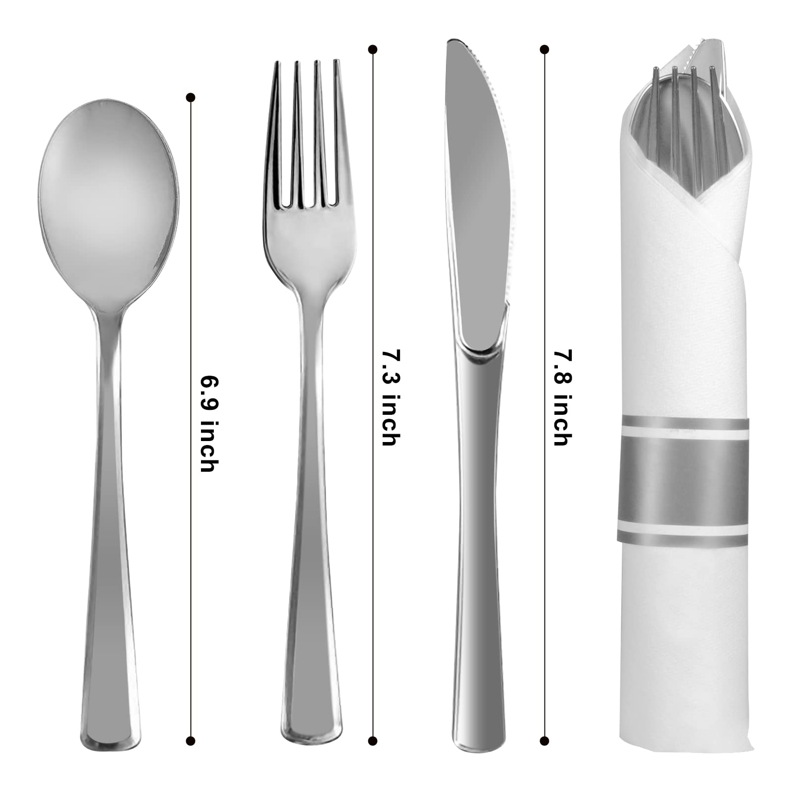 Premium 100-Pack Disposable Plastic Silverware Set - Includes 100 Forks, 100 Knives, 100 Spoons & 100 Napkins - Elegant Pre-Wrapped Plastic Utensils for Weddings, Parties, Catering & Events