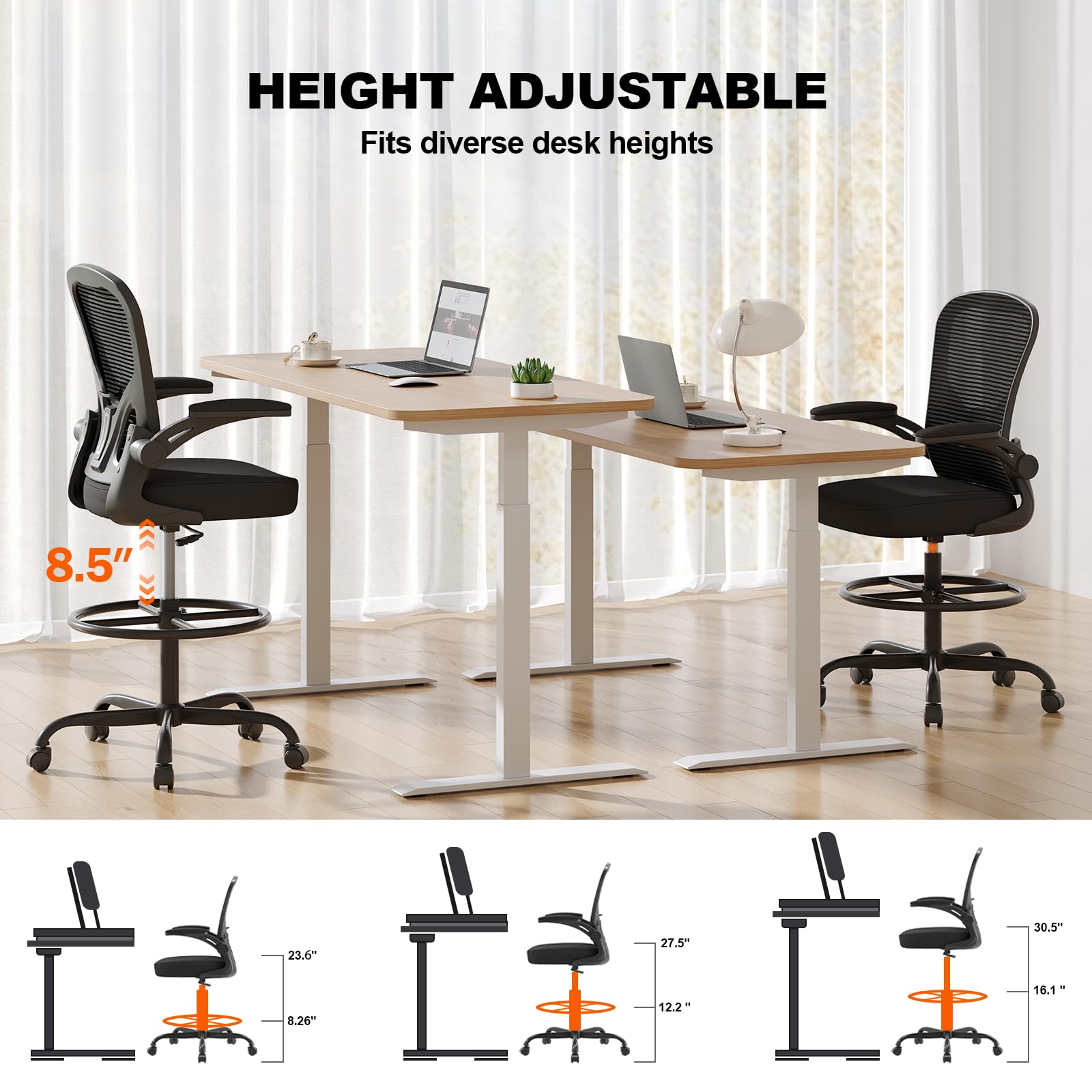 Synorla Ergonomic Drafting Chair - Adjustable Height Office Chair with Flip-Up Armrests, Breathable Mesh Back & Lumbar Support, Footrest Ring for Standing Desks - Perfect for Home Office, Studio & Architectural Workstations