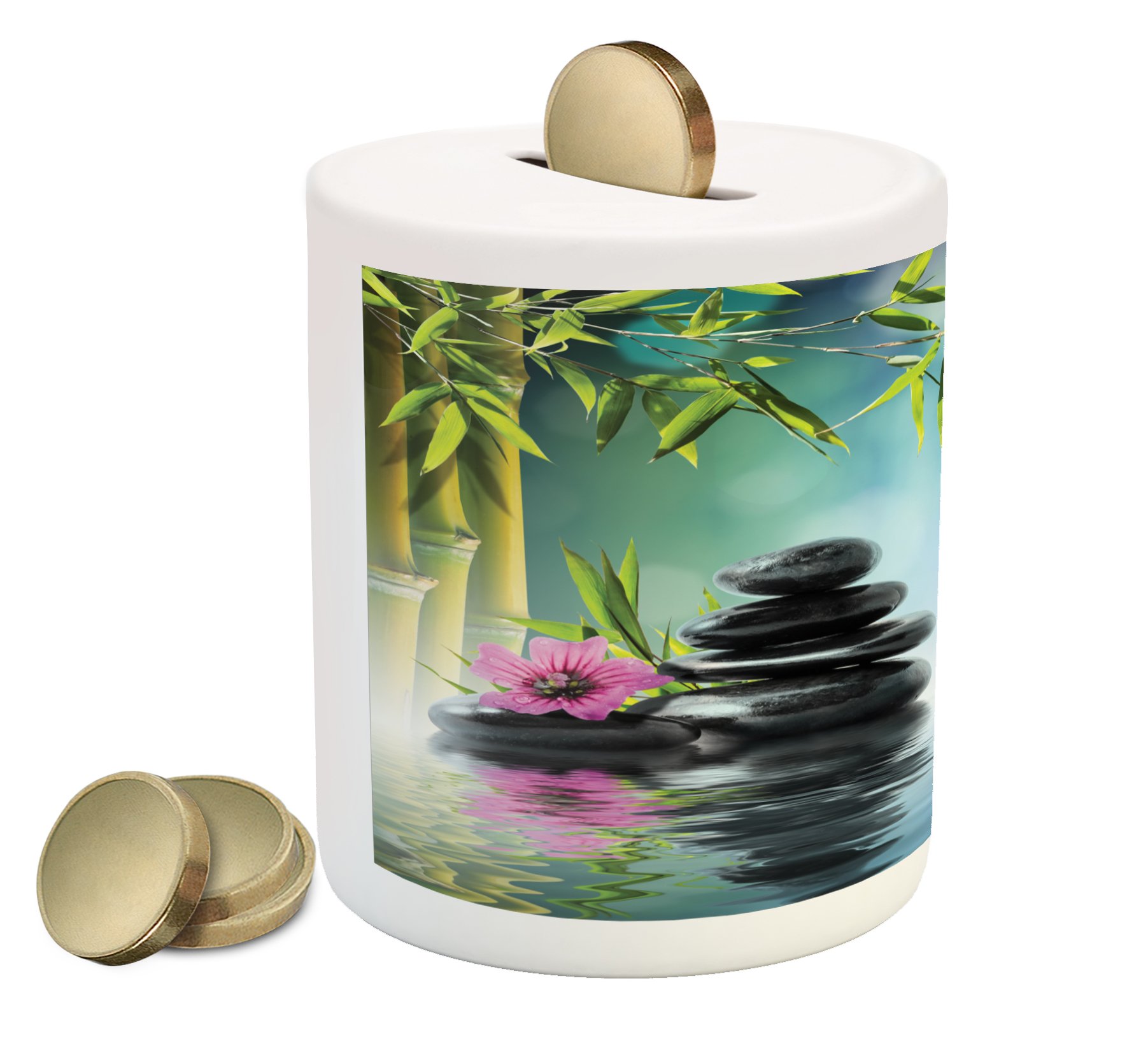 Ambesonne Ceramic Piggy Bank - Pink Floral Spa Stones & Bamboo Tree Water Design for Cash Saving | Relaxing Therapy Coin Bank for Home, Office Decor | Perfect Gift for Kids & Adults