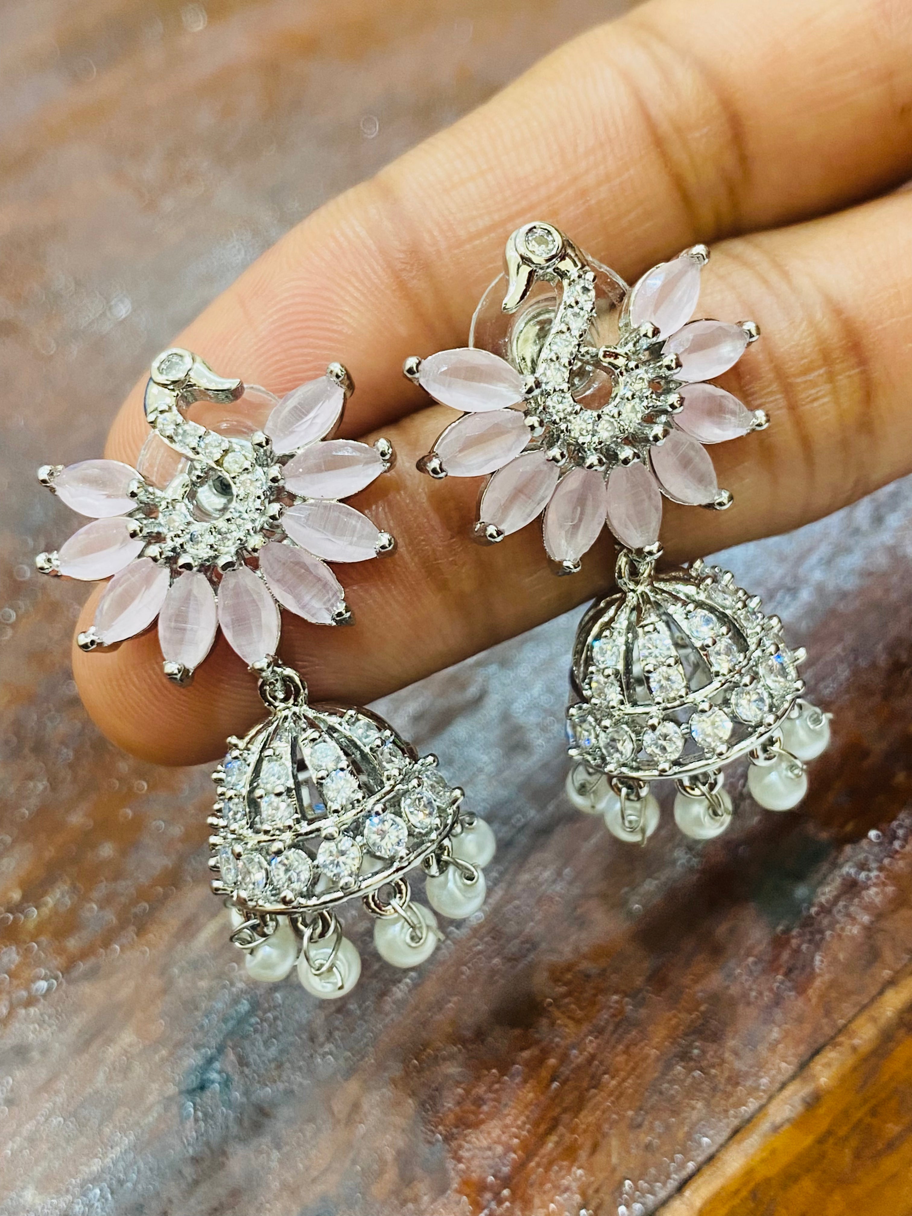 Stylish Light Pink American Diamond Jhumka Earrings for Women | Elegant Indian Ethnic Jewelry | Perfect for Weddings, Parties & Festive Occasions