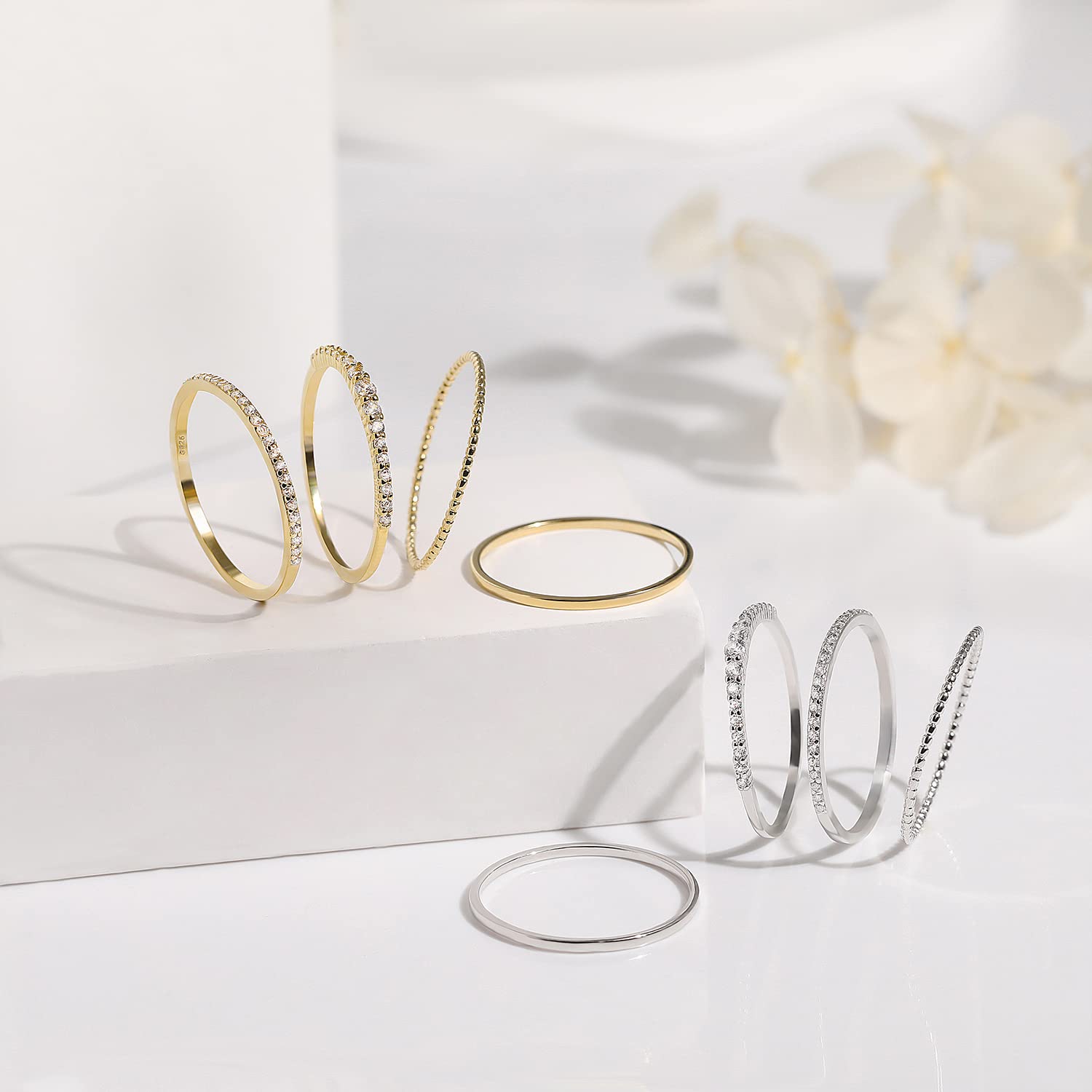 4-Piece Stackable Silver & Gold Thin Rings Set for Women - Dainty Minimalist Stacking Rings with Delicate Diamond Accents - Perfect for Layering, Everyday Wear & Special Occasions