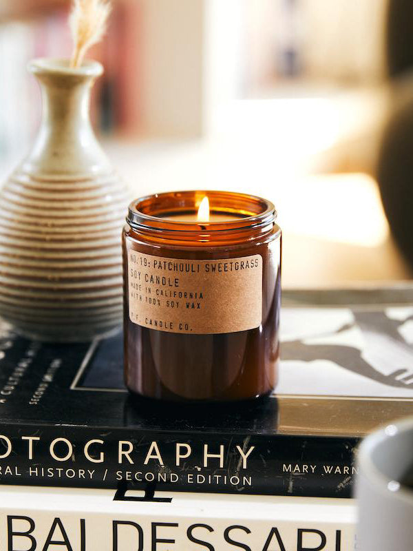 P.F. Candle Co 7.2oz Natural Soy Wax Candle - Patchouli Sweetgrass Scent | Aromatherapy, Home Decor & Relaxation Gift for Spa, Bedroom, Yoga & Meditation