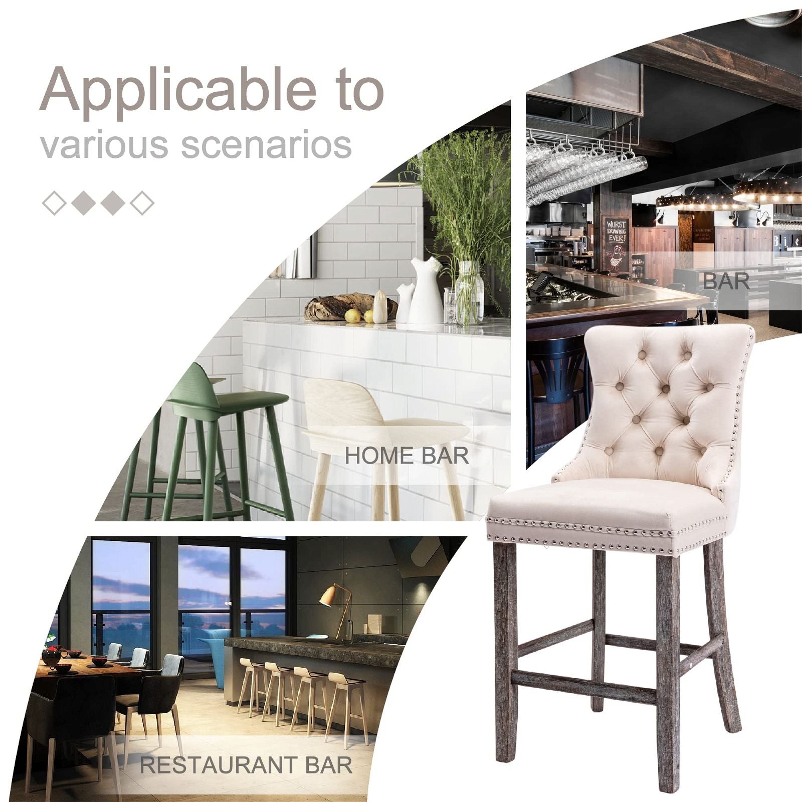 Velvet Bar Stools with Studs Trim & Wooden Legs - Set of 6 Tufted Dining Chairs for Kitchen Counter, Breakfast Nook & Home Bar Decor