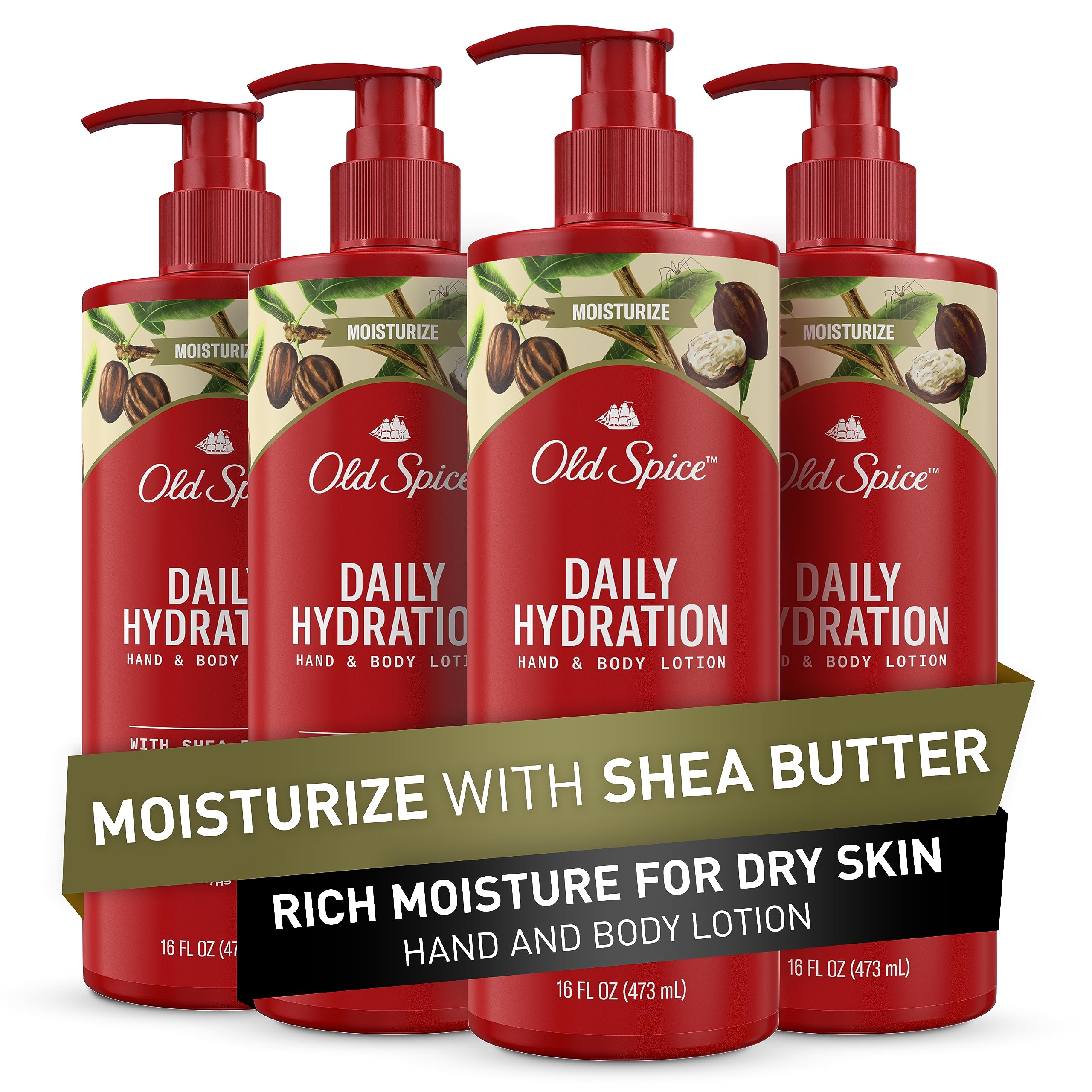 Old Spice Men's Hydrating Hand & Body Lotion with Shea Butter - 24/7 Moisture, 16 fl oz (Pack of 4) - Ideal for Dry Skin Care & Post-Workout Hydration