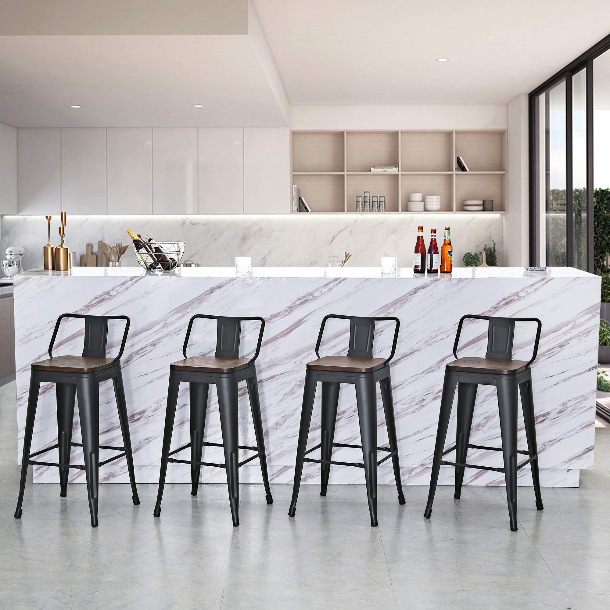 Aklaus 24 Inch Swivel Bar Stools Set of 4 - Metal Counter Height Stools with Backs, Farmhouse Style, Matte Black - Perfect for Kitchen Islands, Breakfast Bars & Home Decor