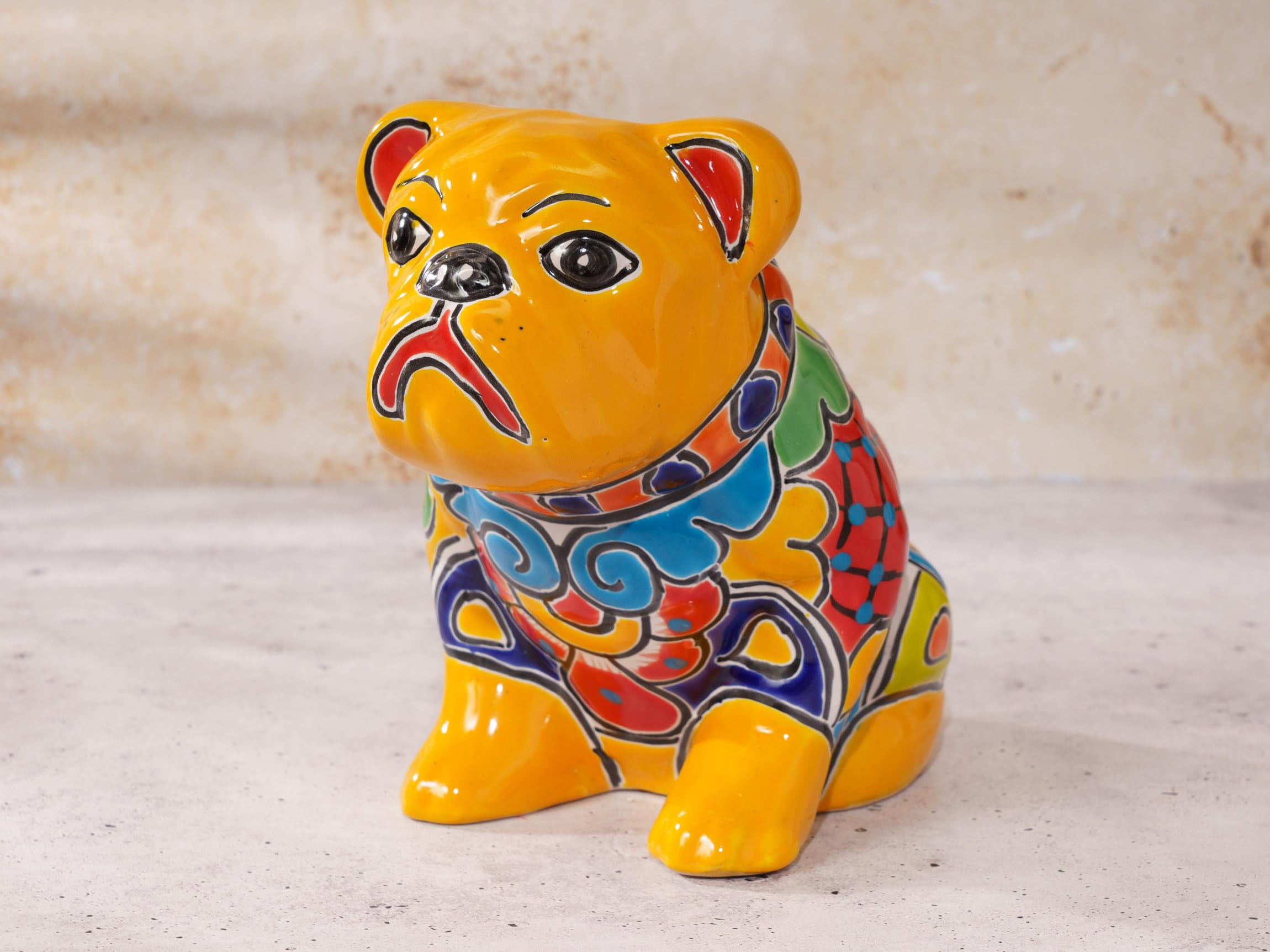 Authentic Talavera Mexican Ceramic Day of The Dead Dog Statue - Día de Muertos Sculpture for Halloween & Garden Decor - Dachshund, Boston Terrier, Chihuahua Puppies Collection (Bulldog Marigold, Medium 8.5