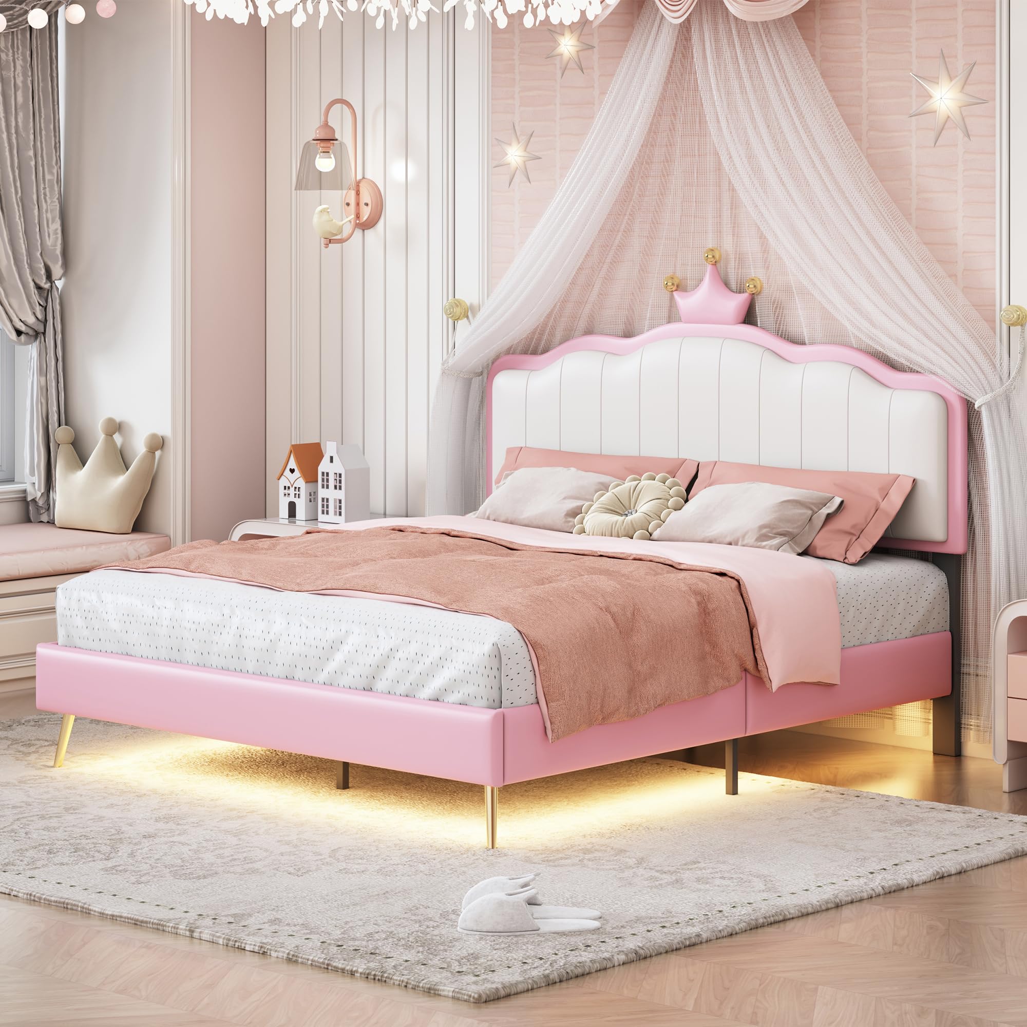 Merax Full Size Princess Platform Bed Frame for Girls - Upholstered Crown Design with PU Headboard & Built-in Lights, No Box Spring Needed | Perfect for Teen Bedrooms, Dorm Rooms & Princess-Themed Decor