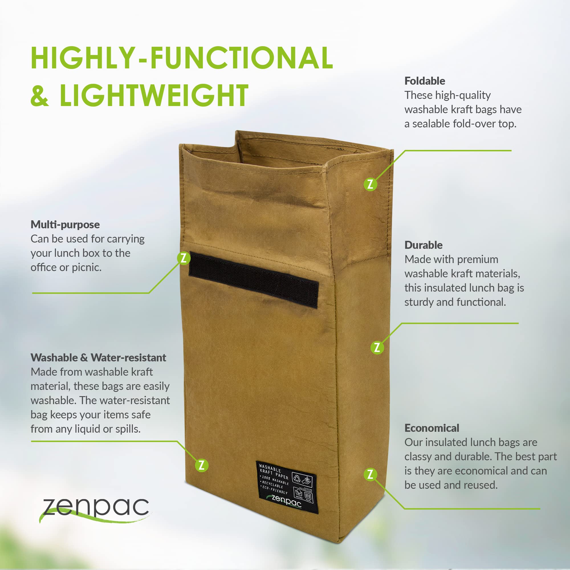 ZENPAC Reusable & Washable Small Brown Lunch Bag - Leakproof Kraft Paper Sack for Work, School, Picnic | Perfect for Food, Beverages, Snacks & Travel | Eco-Friendly Lunch Box (8.5x4.5x12 Inches) - Ideal for Office, Camping, Hiking and Daily Commute