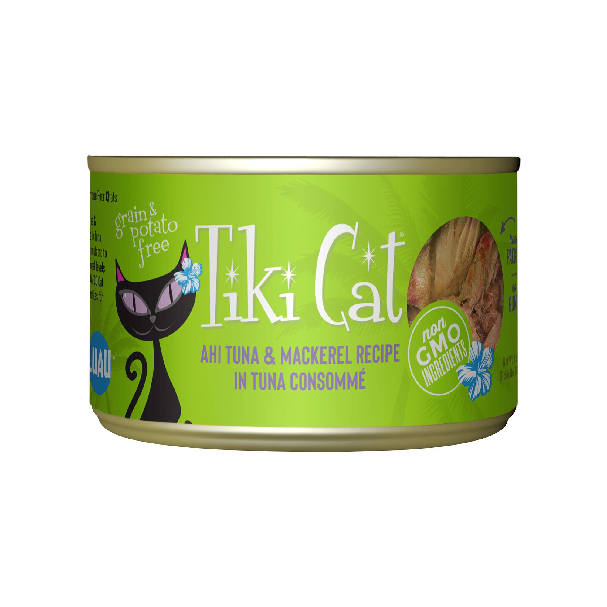 Tiki Cat Luau Grain-Free Wet Cat Food - Shredded Ahi Tuna & Mackerel in Tuna Consommé - High Protein, Balanced Nutrition for All Life Stages - 6 oz Cans (Pack of 8) - Perfect for Picky Eaters & Indoor Cats